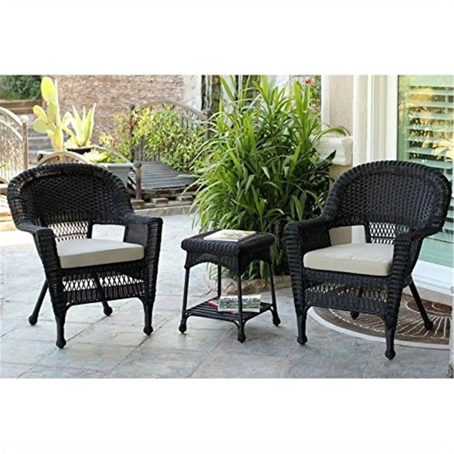 Jeco 3 Piece Wicker Conversation Set in Black with Tan Cushions