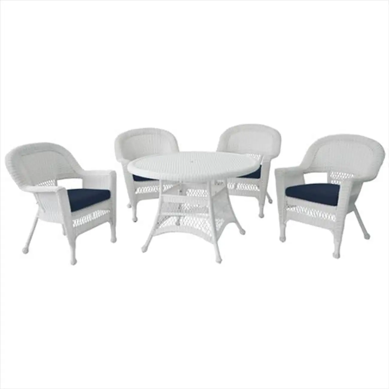 Jeco W00206D-B-G-FS011 5 Piece White Wicker Dining Set - Blue Cushions