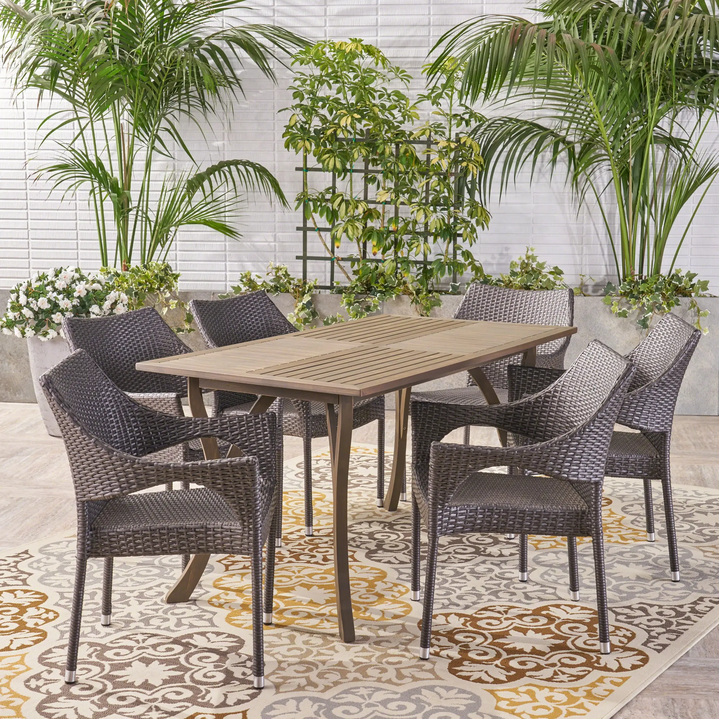 Jesus Outdoor 7 Piece Wood and Wicker Dining Set. Gray. Gray