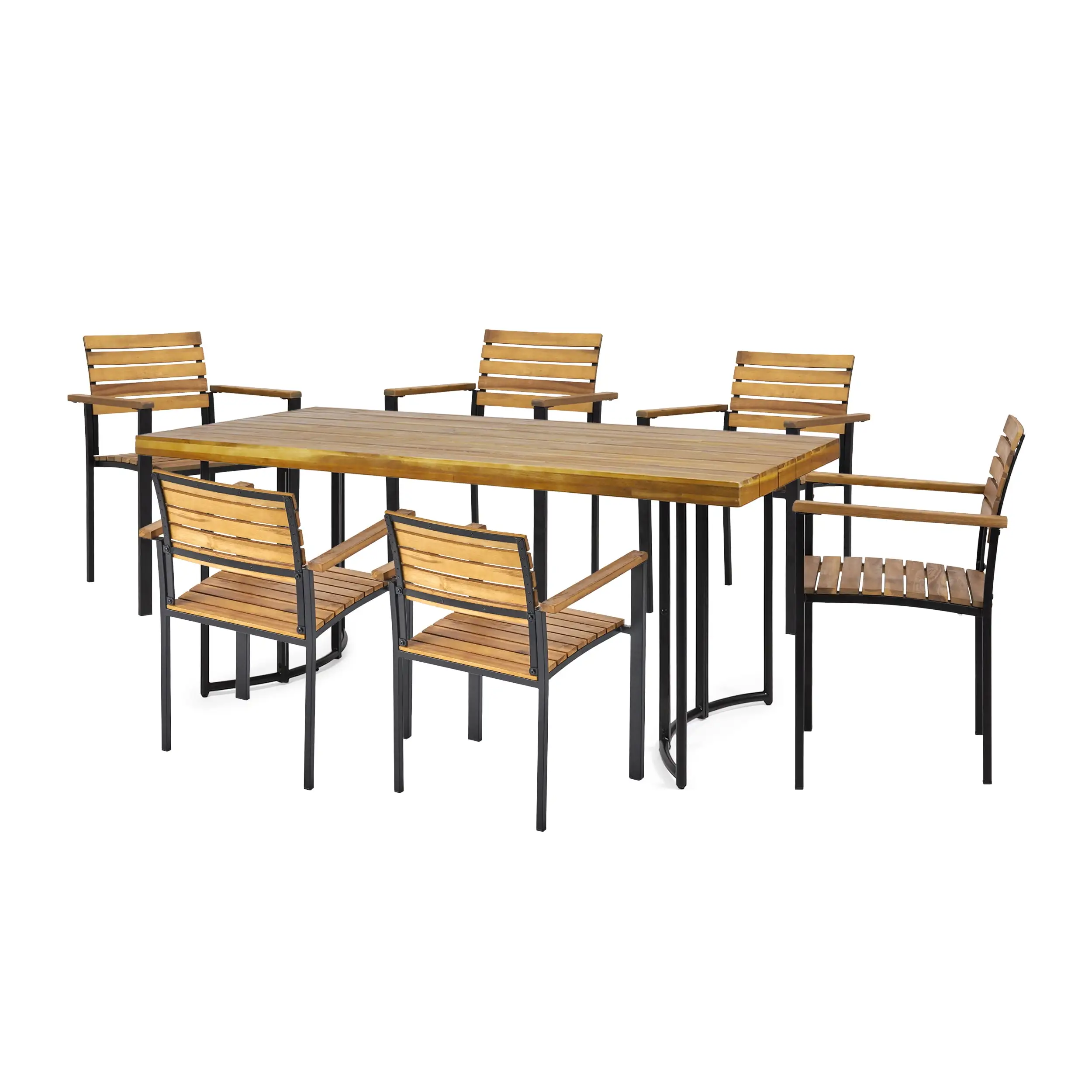 Josiah Outdoor Modern Industrial 7 Piece Acacia Wood Dining Set. Teak. Black