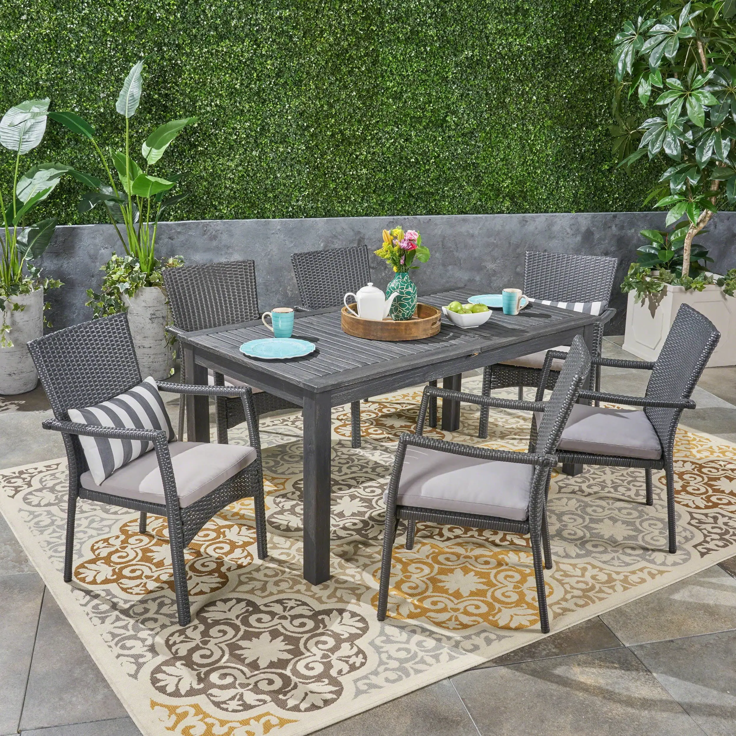 Julie Outdoor 7 Piece Acacia Wood and Wicker Expandable Dining Set with Cushions. Sandblast Dark Gray. Gray. Gray