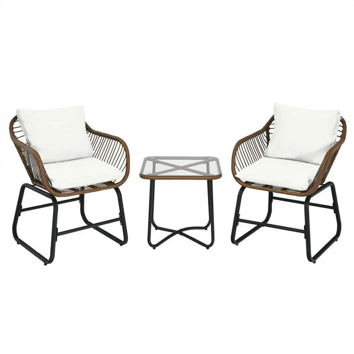 Kadyn Outdoor Bistro Conversation Set.Patio Furniture Sets. 3 Pieces Patio Rattan Bistro Set Cushioned Chair Glass Table Deck-White