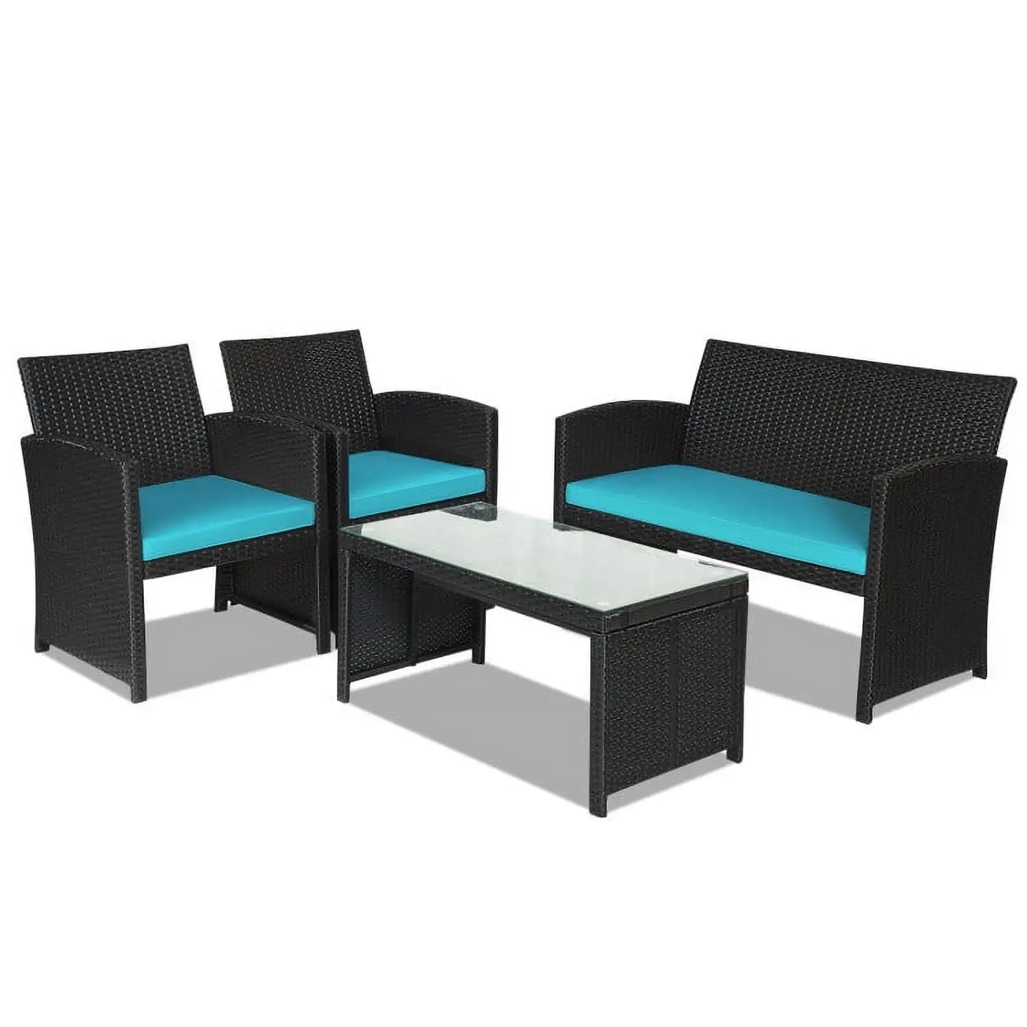 Kadyn Patio Bistro Set 4-Piece Outdoor Wicker Furniture Sets. Modern Rattan Garden Conversation Chair with Thick Cushion and Glass Top Coffee Table (Turquoise)