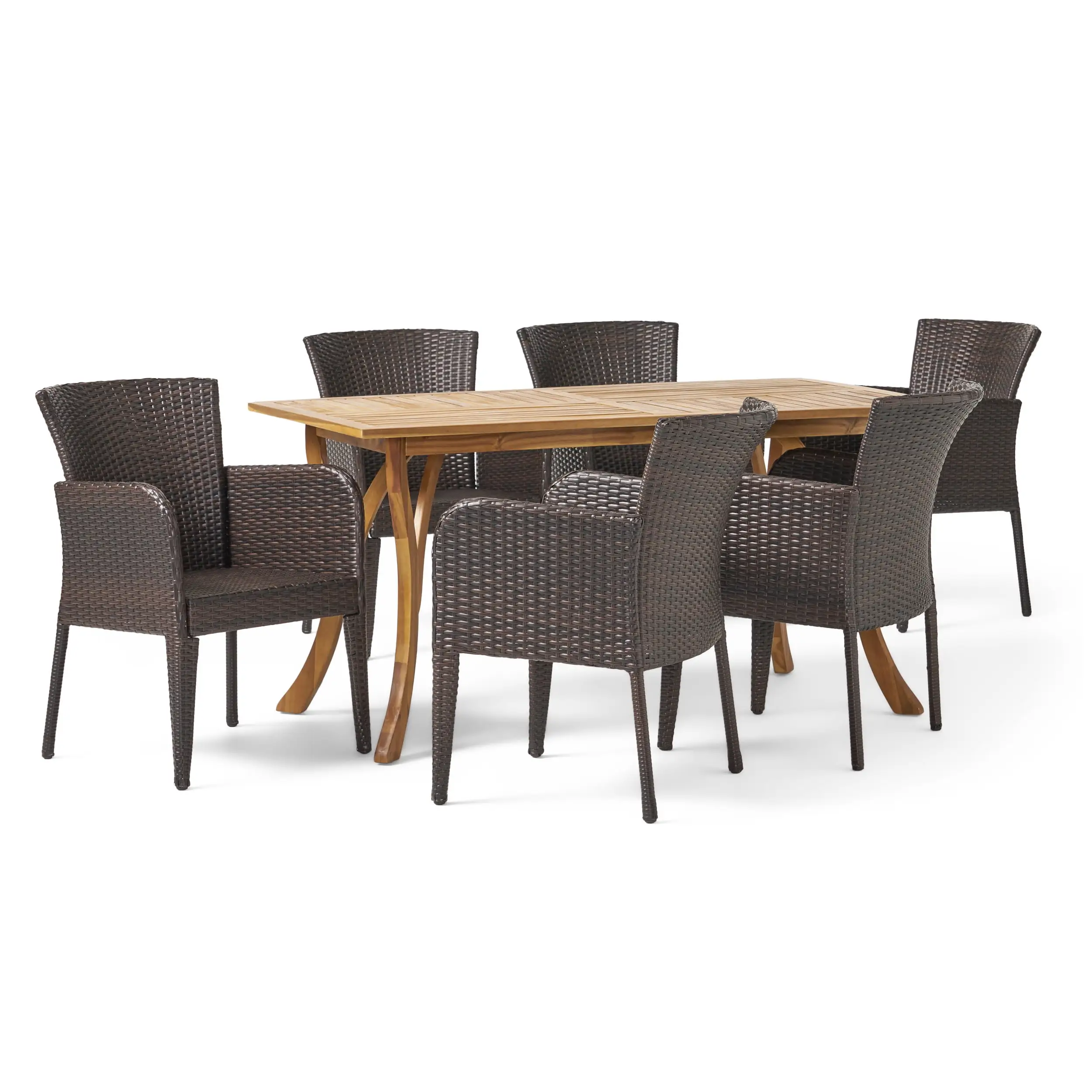 Kelly 7 Piece Outdoor Wicker and Acacia Wood Dining Set. Teak Finish