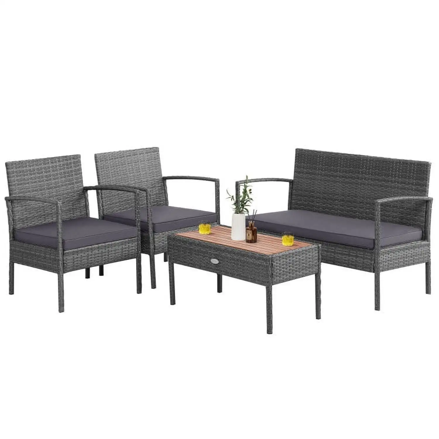 Kepooman Outdoor Bistro Set. Outdoor Conversation Sets.4 Pieces Rattan Patio Conversation Furniture Set with Acacia Wood Tabletop