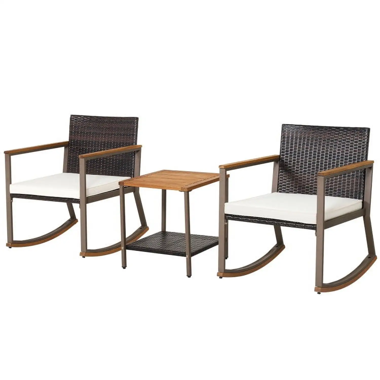 Kepooman Outdoor Collection Set. Patio Conversation Table Chair Set. 3 Pieces Rattan Rocking Bistro Set with Coffee Table and Cushions-Off White