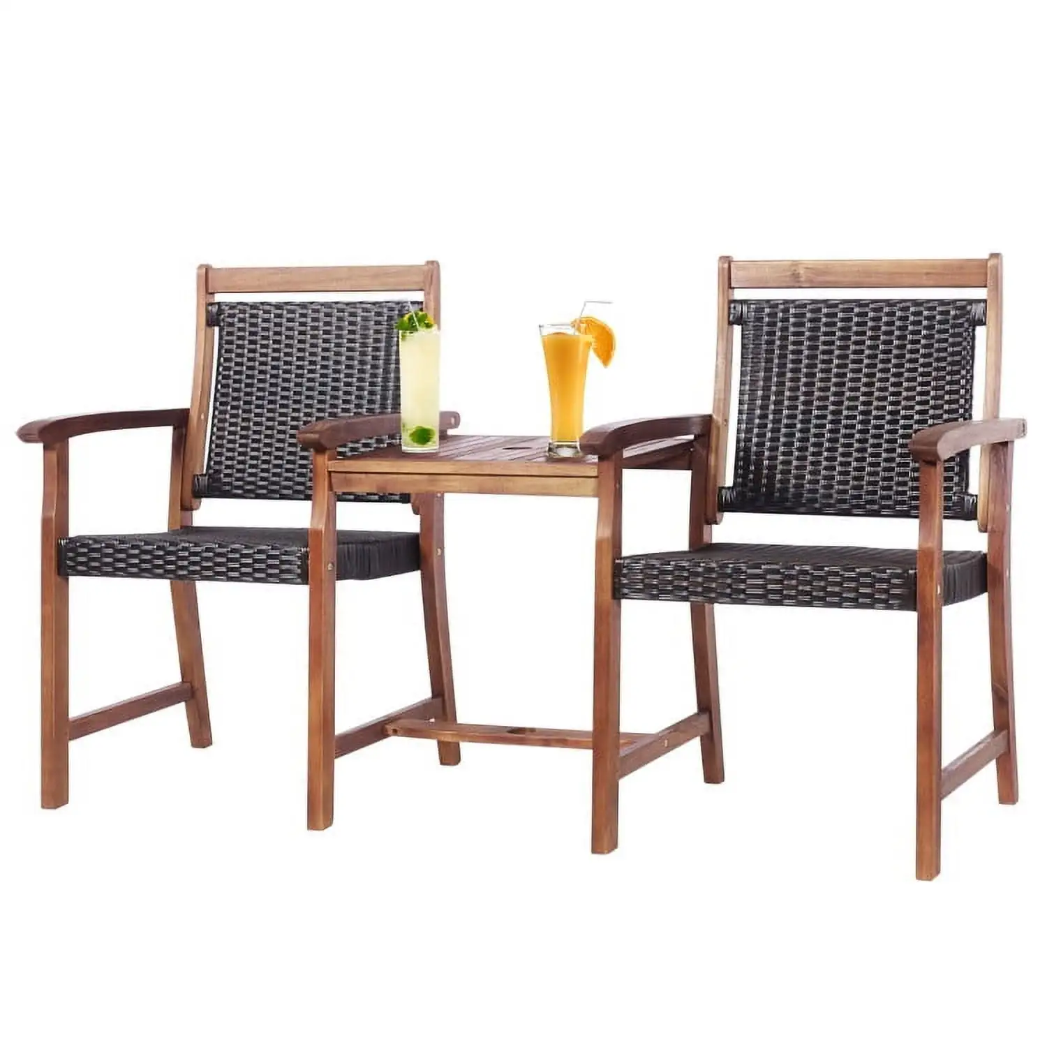 Kepooman Outdoor Conversation Sets. Outdoor Bistro Set. 2-Seat Patio Rattan Acacia Wood Chair with Coffee Table