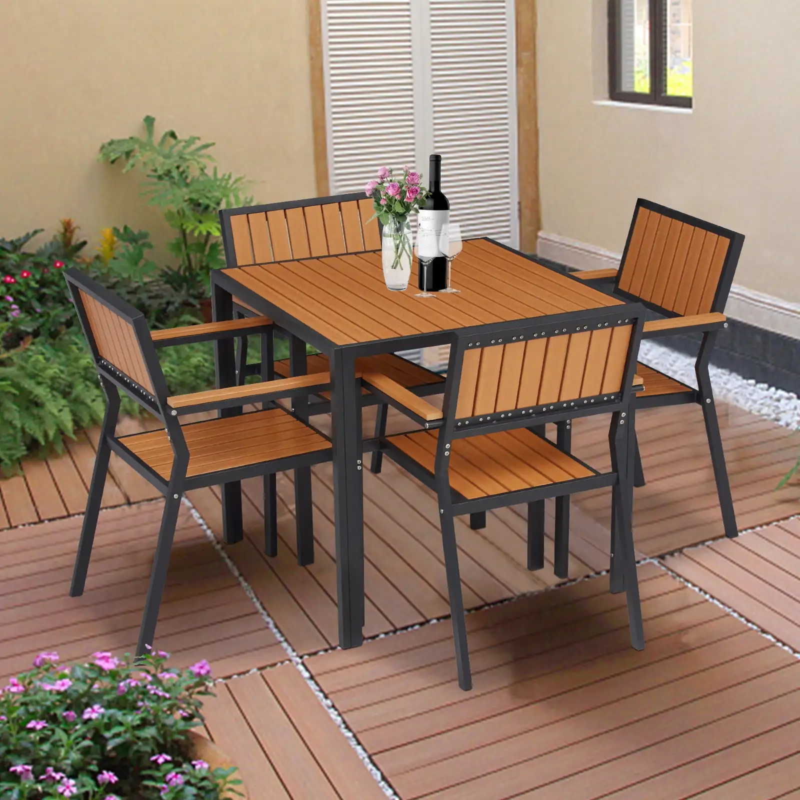 Kinbor 5pcs Outdoor Patio Dining Table and Chair Set W/ Steel Square Bistro Table 4 Armchairs. Brown