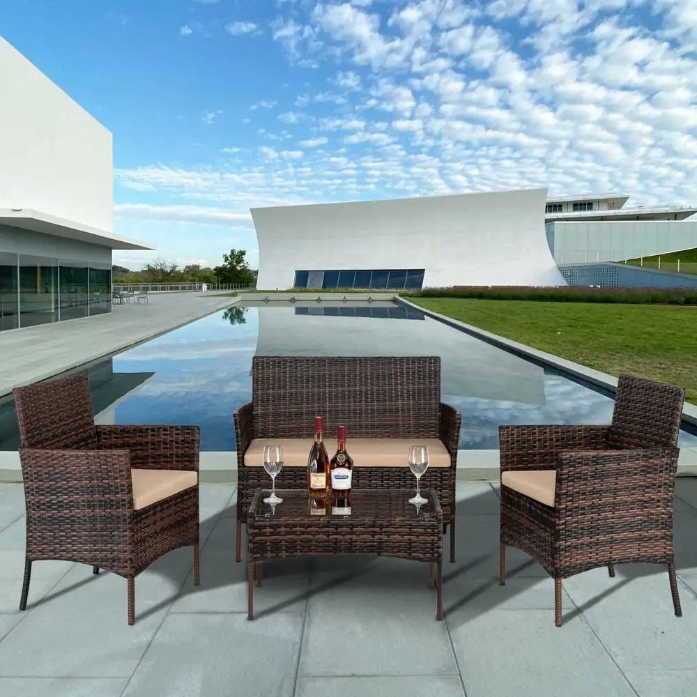 Ktaxon 4PCs Outdoor Wicker Conversation Set. Patio Furniture Set Loveseat Tempered Glass Coffee Table Outdoor All Weather Rattan Sofa Set. Brown Gradient