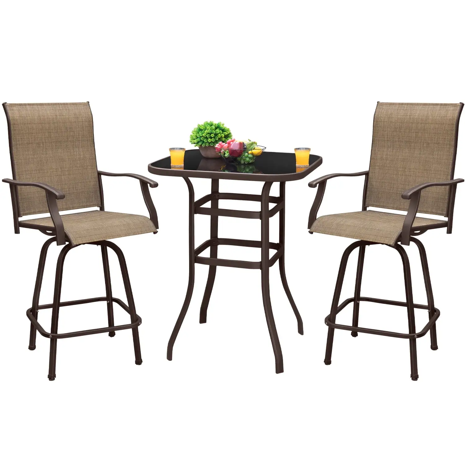 LACOO Patio Outdoor Bar Height Metal Bistro Chair and Table Set of Three. Tan