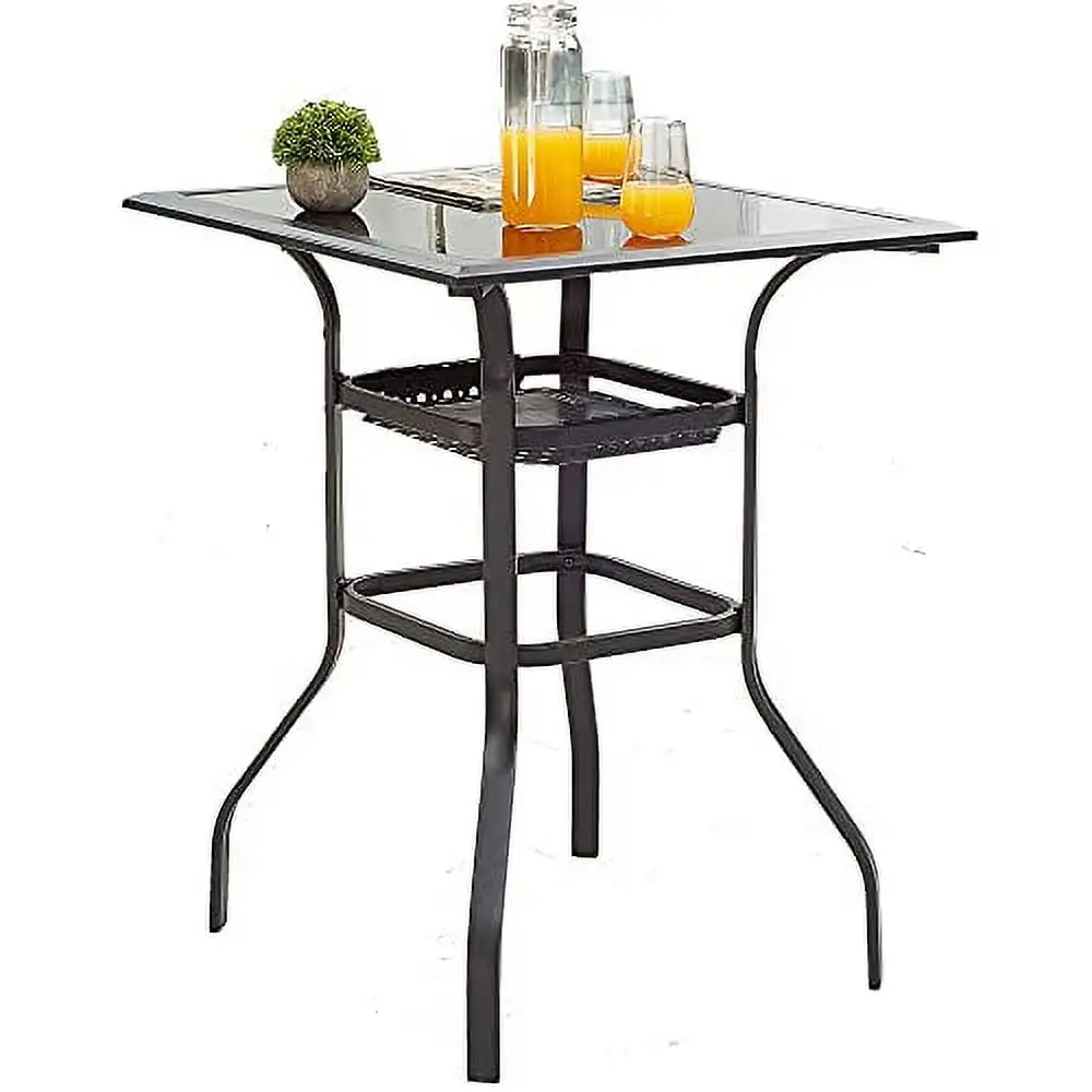 LOKATSE HOME Patio Bar Height Outdoor Table Bistro Square Outside High Top with 2-Tier Metal Frame (27.6x 27.6x 36.2H). Black