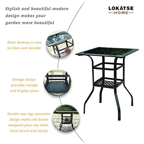 LOKATSE HOME Square 2-Tier Side Tea Small Patio Table. Tempered Glass Top Outdoor Bar Table with Storage. Glassed Bar Height Tall Bistro Table