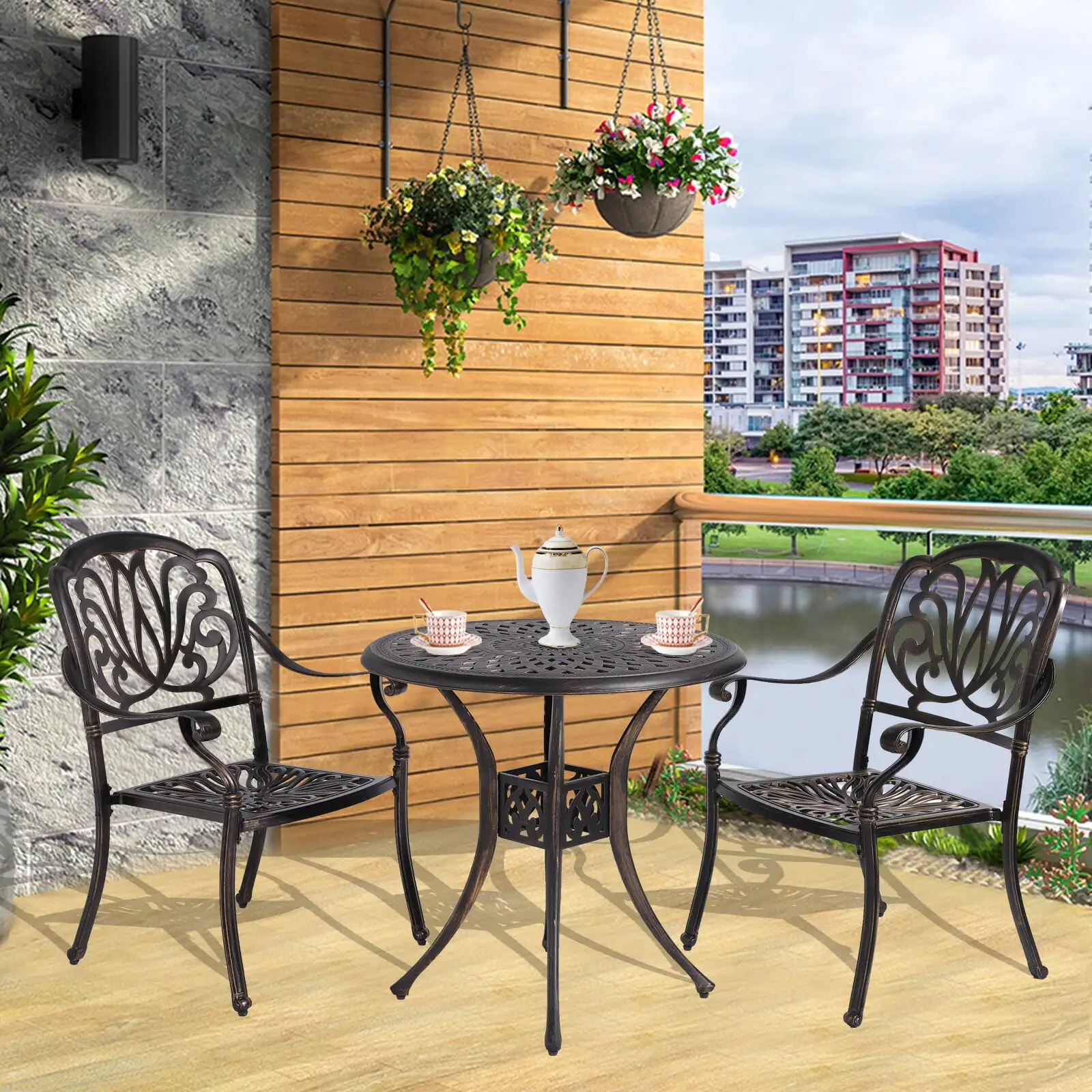 LVUYOYO 3 Piece Outdoor Bistro Round Table Set Cast Aluminum Table and Chairs Patio Furniture Antique Bronze