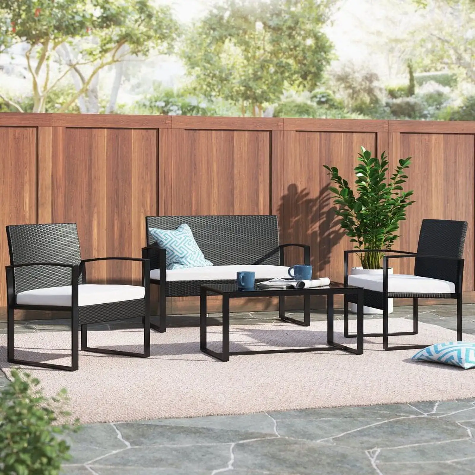 Lacoo 4 Piece Patio Furniture Cushioned PE Rattan Bistro Chairs Set of 3 with Table