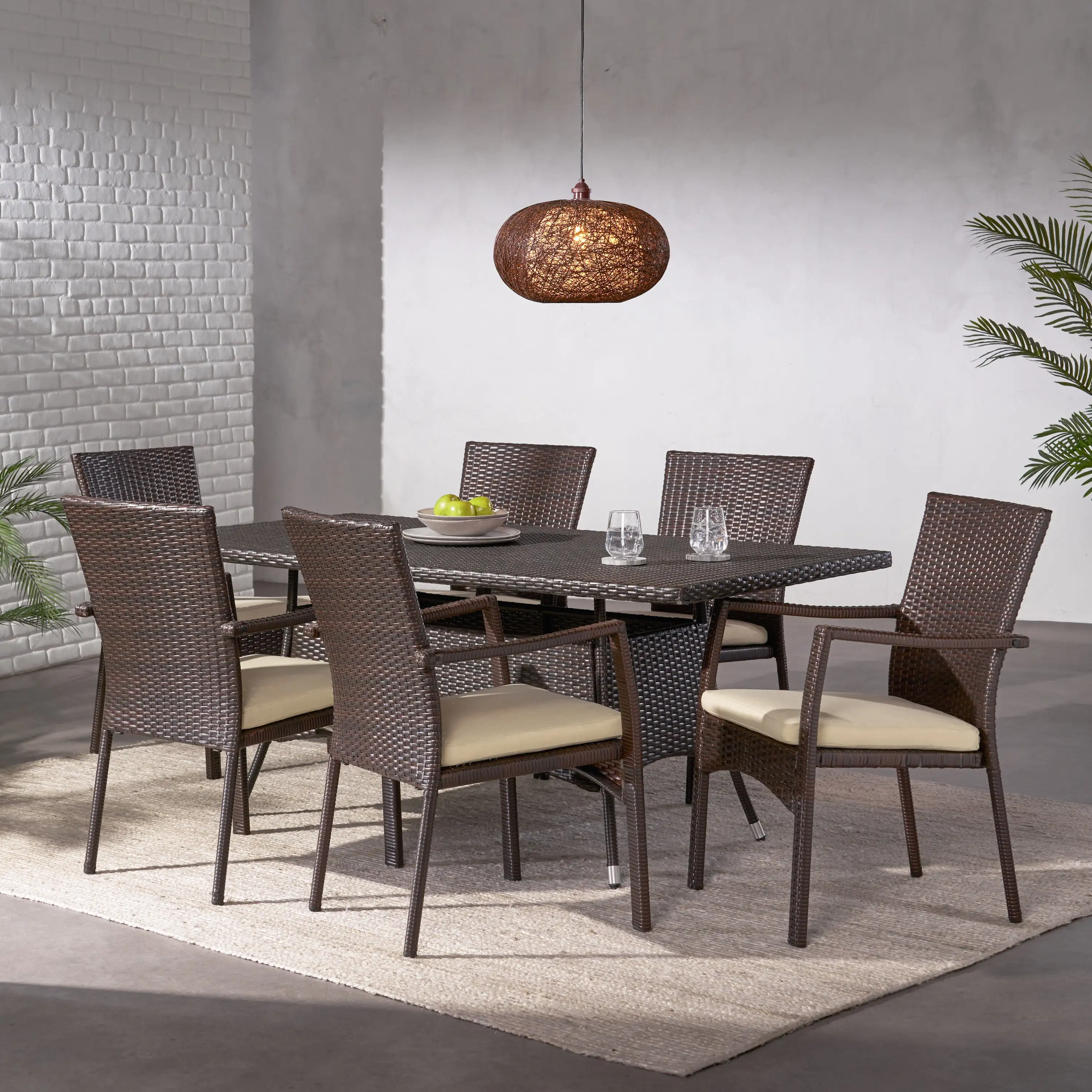 Larson 7 Piece Outdoor Rectangular Wicker Dining Set. Multibrown