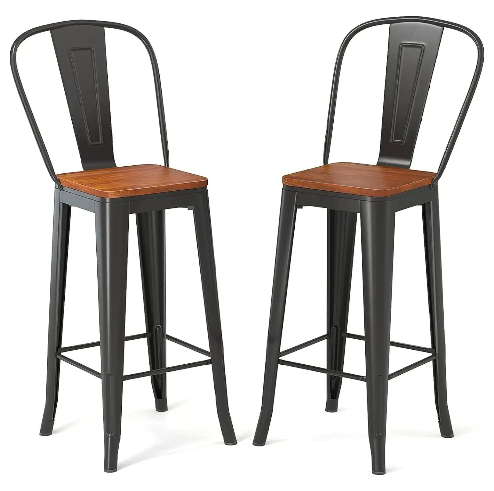 LeCeleBee Bar Stools 30 Dining Chairs Outdoor Patio Bistro Set of 2 Metal Height Bar Stools with Wood Seat and Removable Backrest. Gloss Black