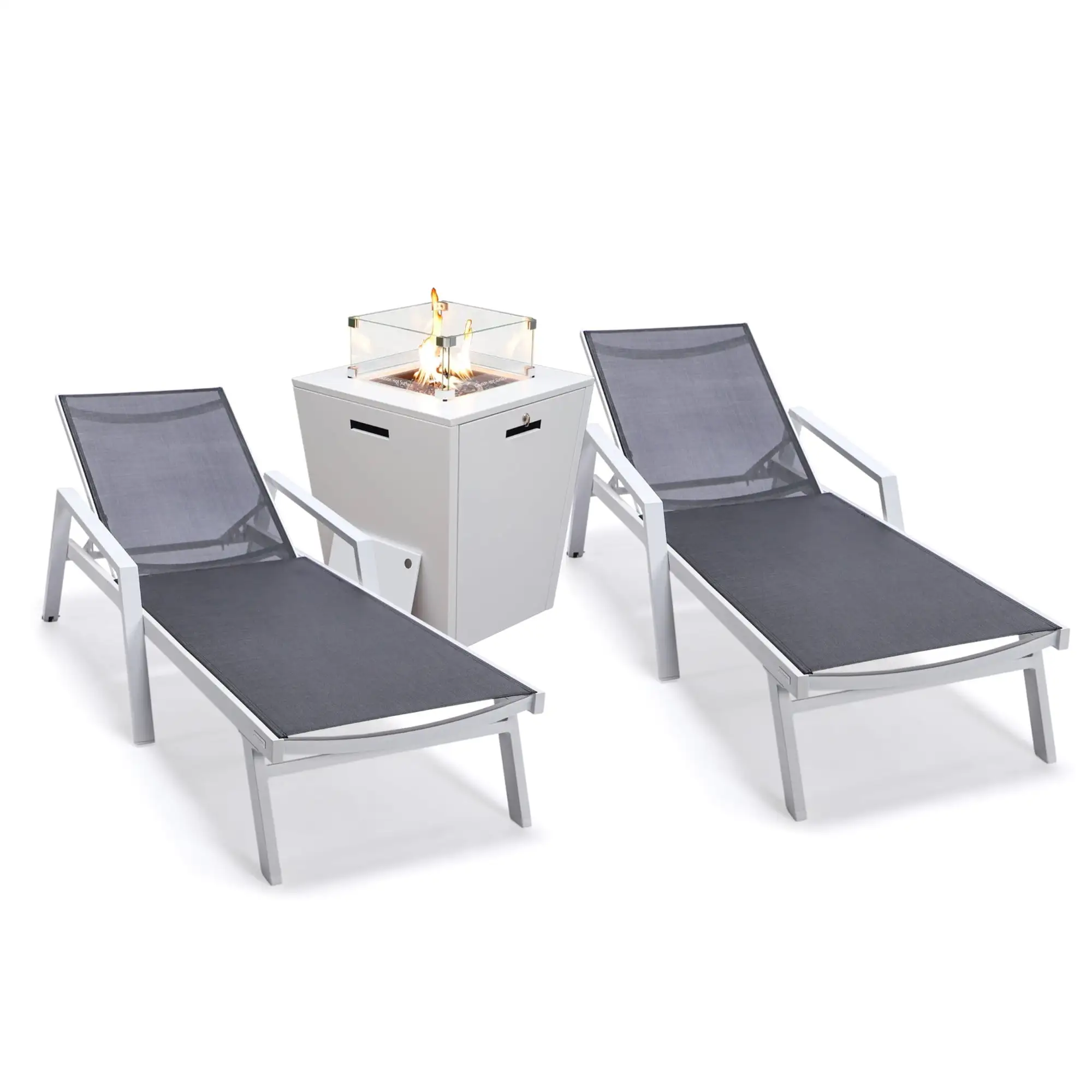 LeisureMod Marlin 2 White Aluminum Lounge Armchair and Fire Pit Black