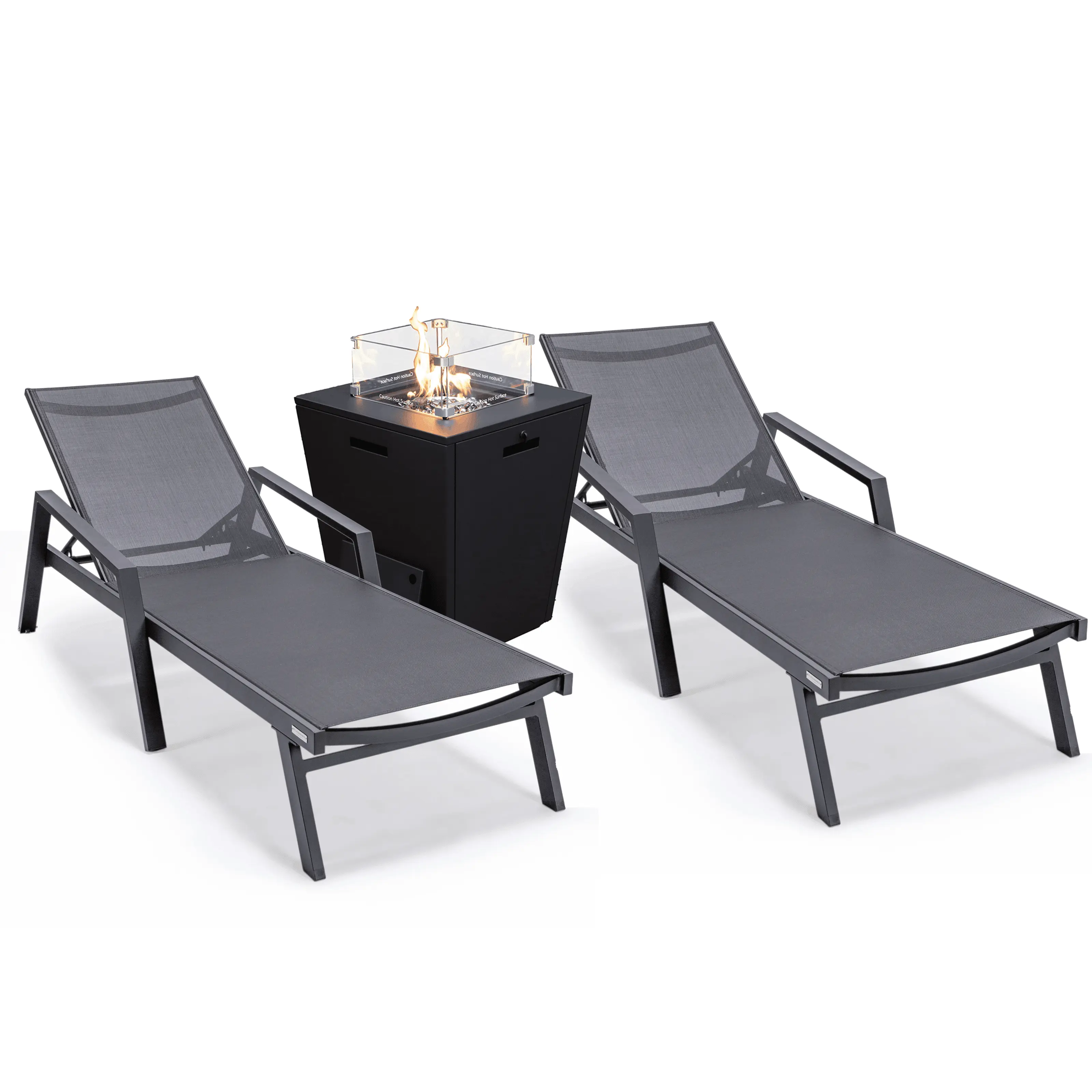 LeisureMod Marlin Modern Black Aluminum Outdoor Patio Chaise Lounge Chair With Arms Set of 2 with Square Fire Pit Side Table Perfect for Patio. Lawn. and Garden (Black)