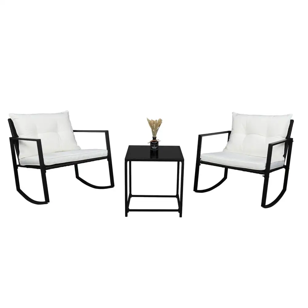 LemoHome 3 Piece Rocking Bistro Set. Outdoor Furniture with Rocker Chairs and Coffee Table. Set of 3 Black