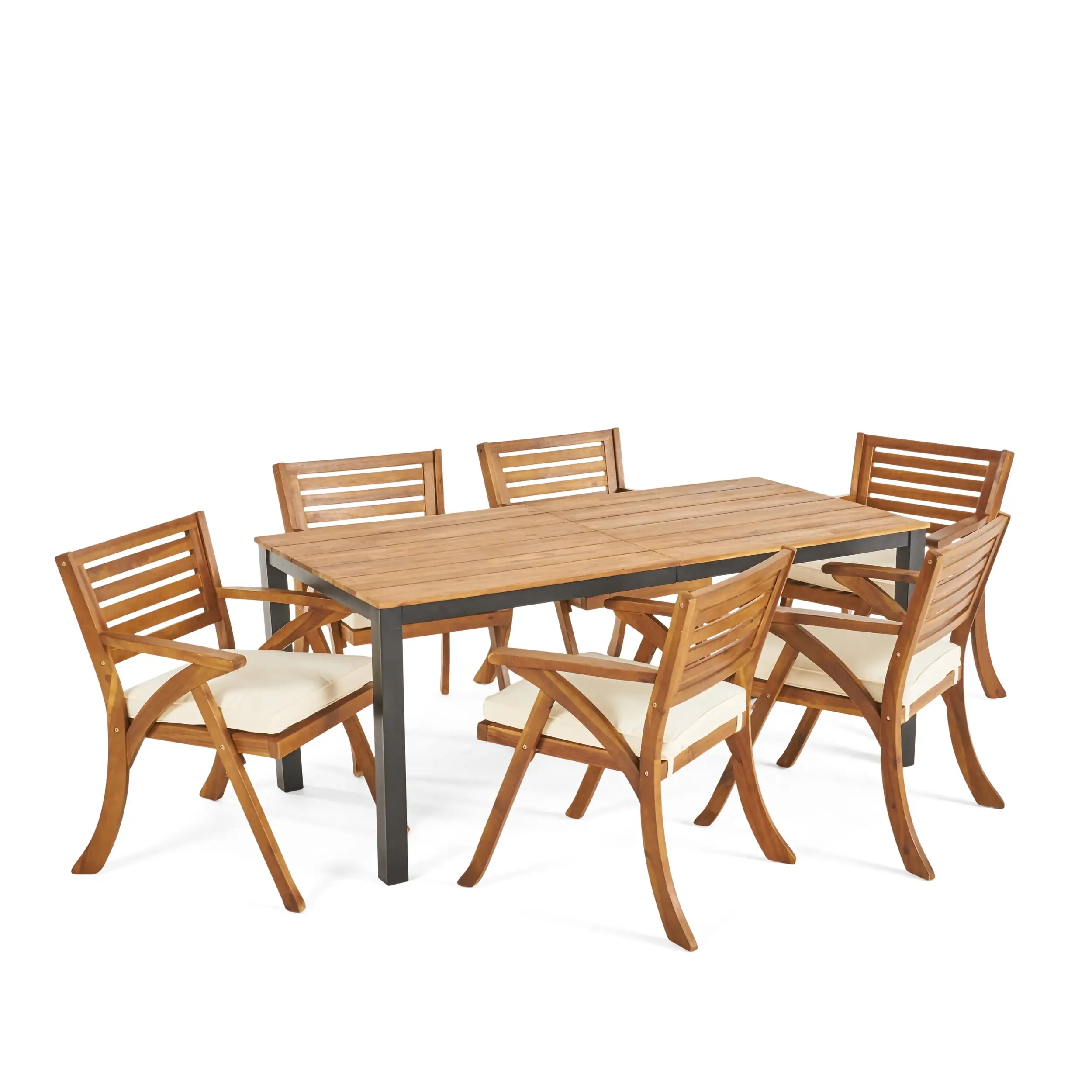 Lennox Outdoor Acacia Wood 7 Piece Dining Set. Teak. Cream. and Black