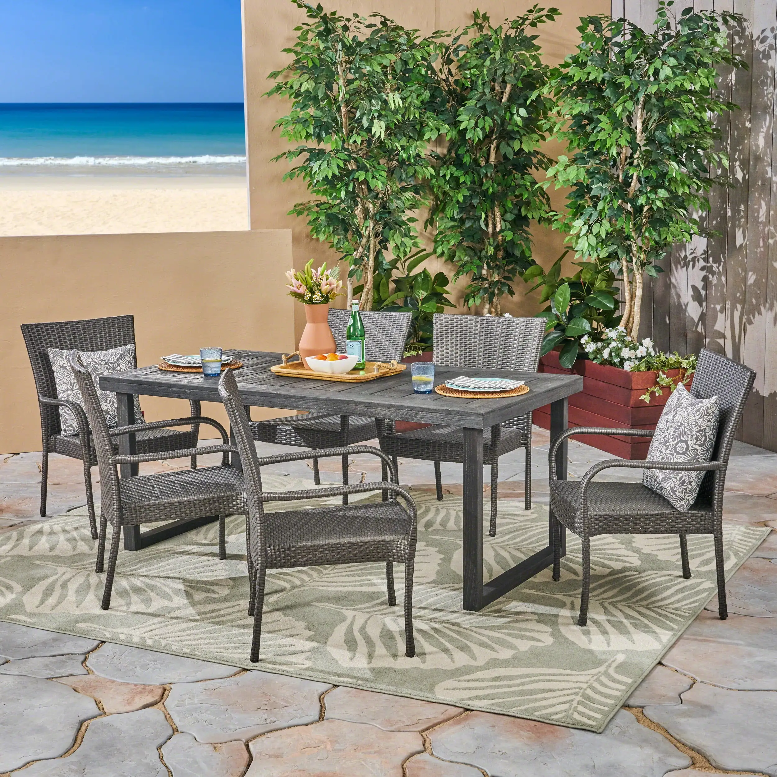 Lisa Outdoor 7 Piece Acacia Wood Dining Set with Stacking Wicker Chairs. Sandblast Dark Grey. Gray