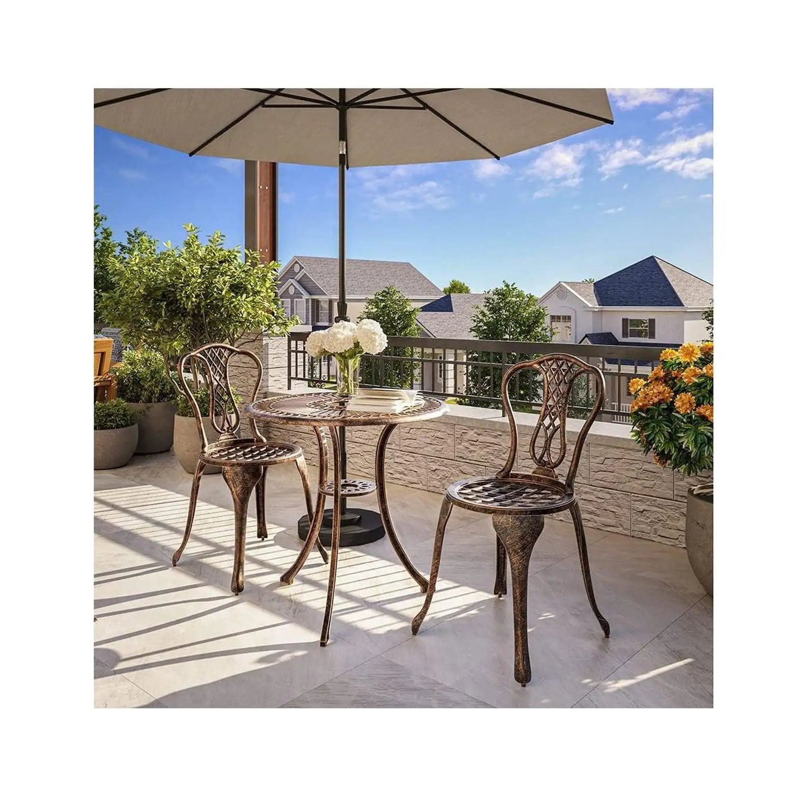 Lwory 3 Piece Cast Aluminum Bistro Set. Rust-Resistant Outdoor Patio Metal Bistro Sets Weather Resistant Table and 2 Chairs with Umbrella Hole for Balcony Backyard Garden - Bronze