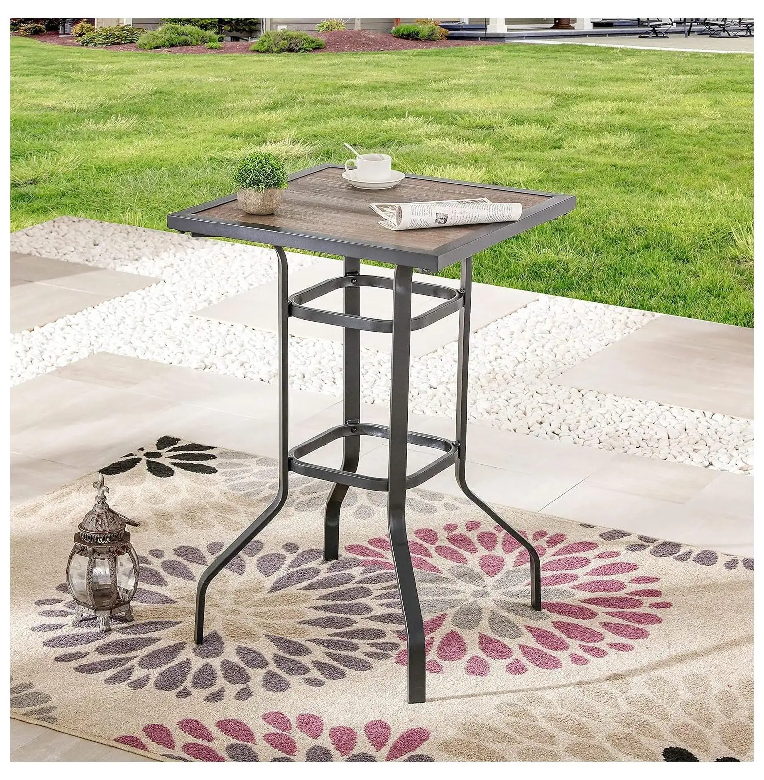 Lwory Outdoor Square Bar Patio Metal Height Bistro Table with Wood-Like Top. Black