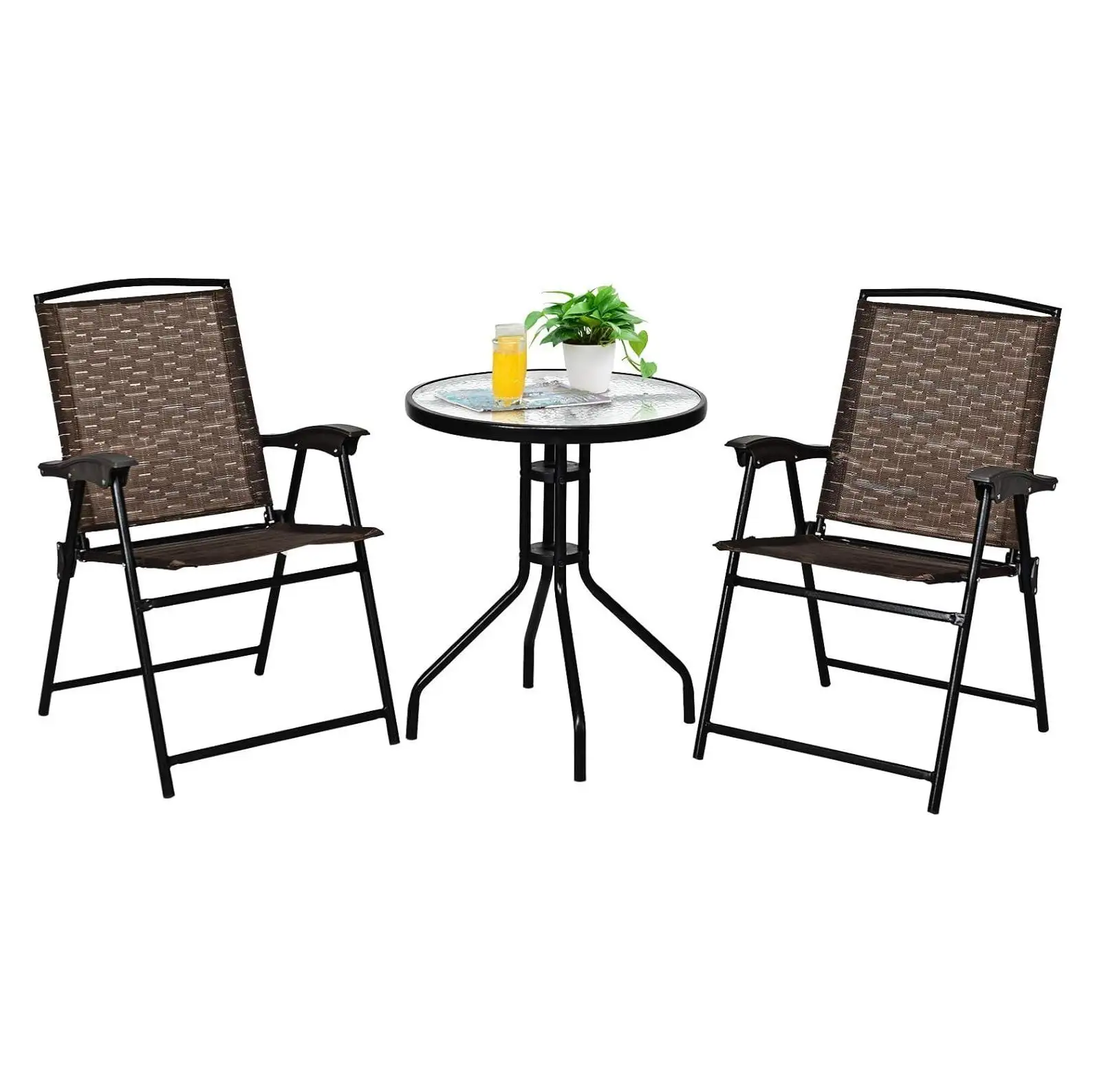 Lwory Patio Bistro Set. 3 Piece Outdoor Furniture Set w/Round Table & 2 Folding Chairs. Tempered Glass . Bistro Table and Chairs for Balcony. Porch. Courtyard. Brown