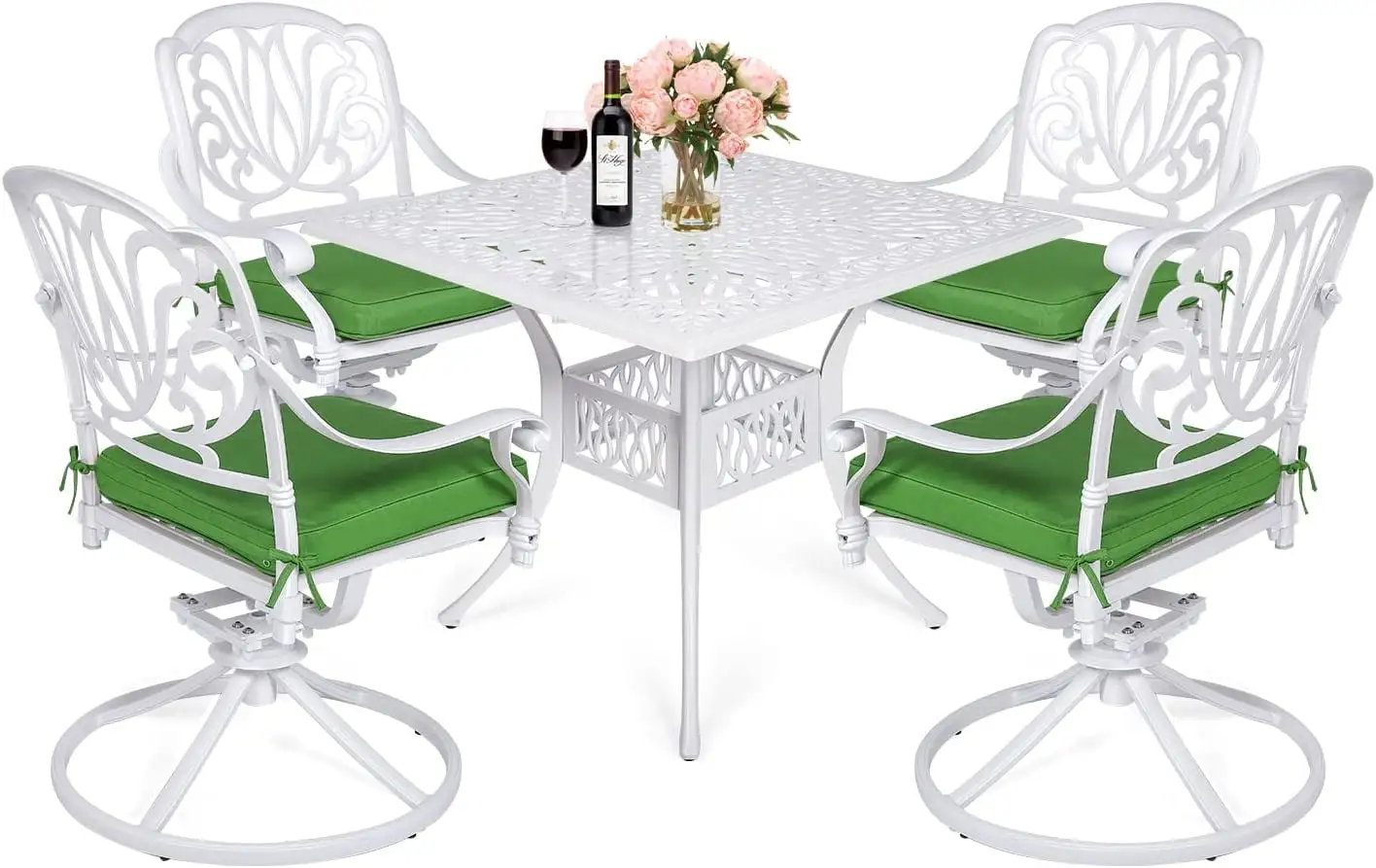 MEETWARM 5-Piece Outdoor Patio Dining Set. All-Weather Cast Aluminum Patio Conversation Set for Backyard Garden Deck with 4 Cushions Swivel Rocker Chairs and 35.4 Square Table. White