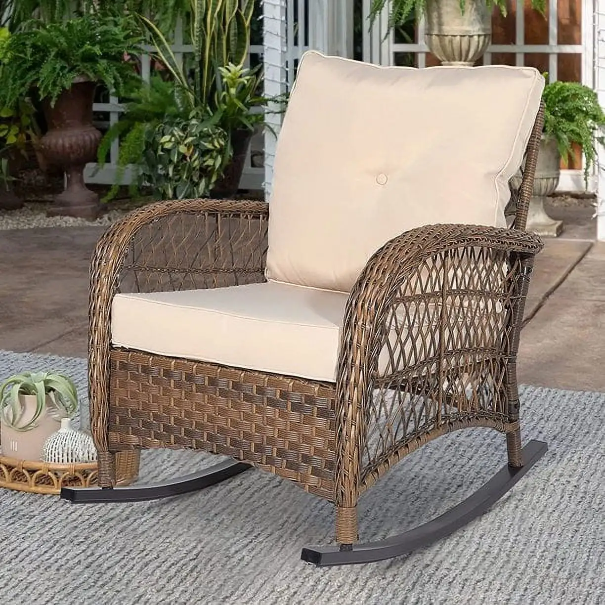 MEETWARM Outdoor Wicker Rocking Chair. Rattan Patio Rocker Chairs with Cushions and Steel Frame - Beige