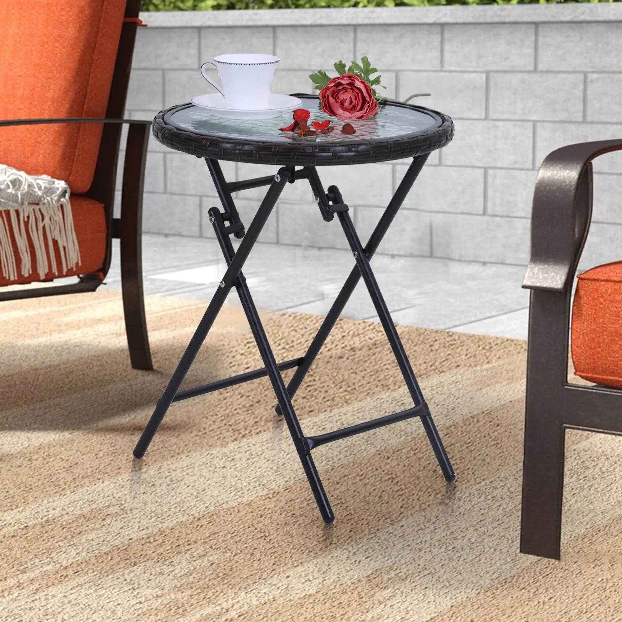 MF Studio 16 Round Tempered Glass Patio Bistro Table with Steel Frame and Wicker Rim Round Side Table Suitable for Backyard Patio Garden. Brown