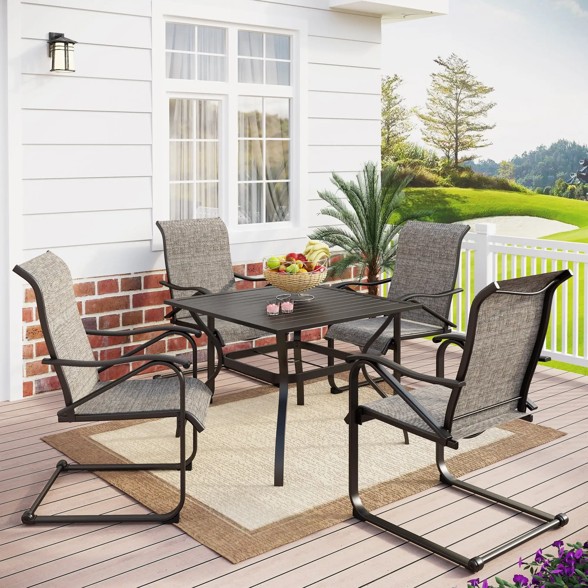 MF Studio 5-Piece Outdoor Dining Set with 4 Pieces Patio C-Spring Dining Chairs and 1 Piece Metal Square Dining Table.Gray