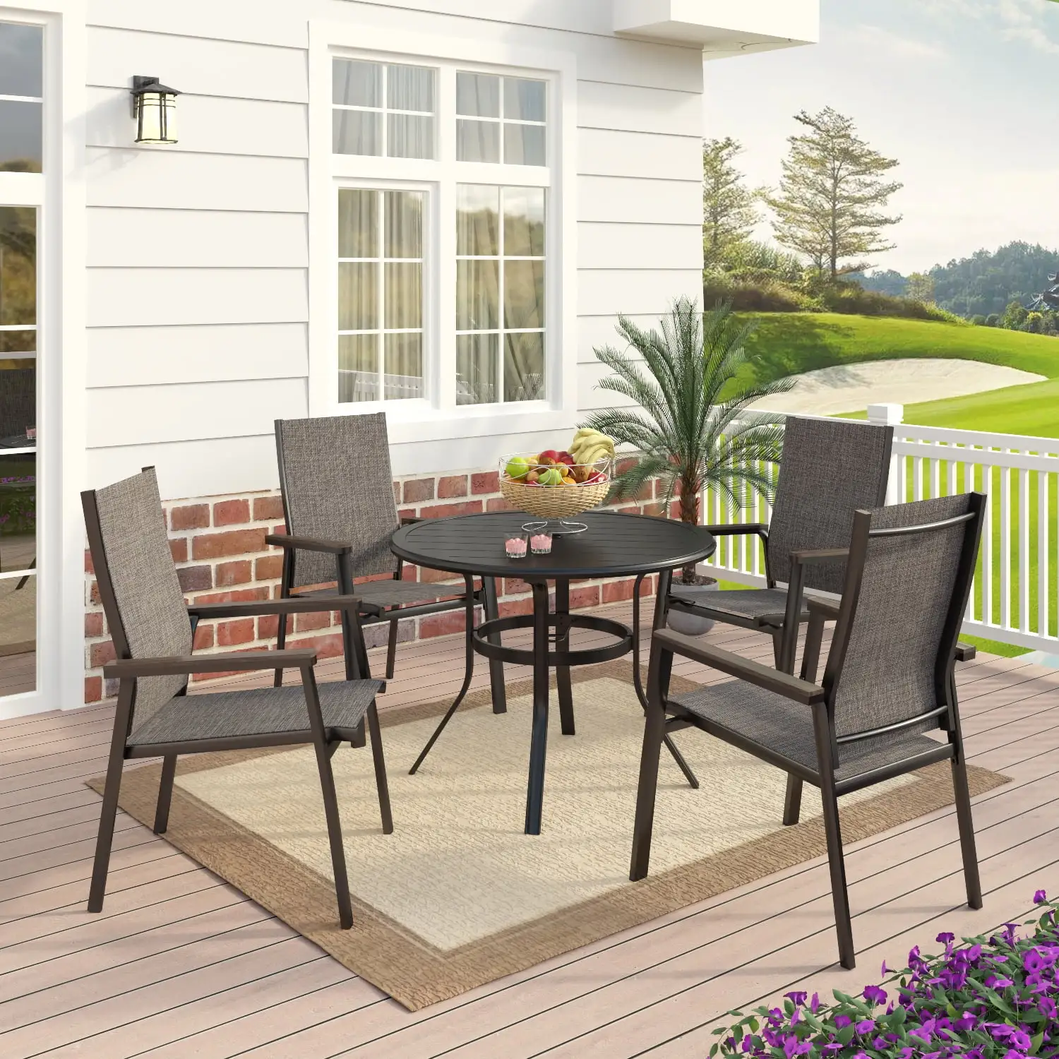 MF Studio 5-Piece Outdoor Patio Dining Set with 4 Pieces Aluminum Stackable Armchairs and 1 Piece Metal Round Table.Black&Gray