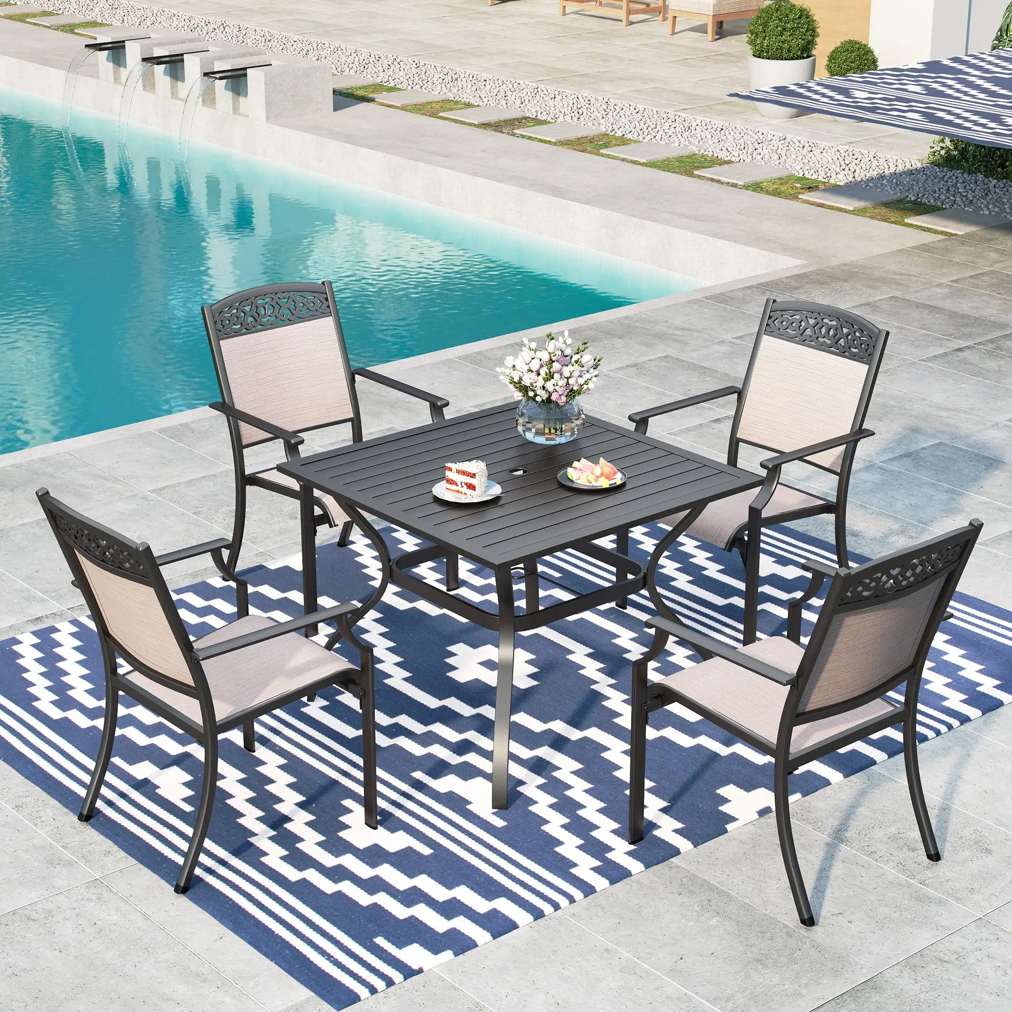 MF Studio 5-Piece Outdoor Patio Dining Set with 4 Pieces Cast Aluminum Stackable Armchairs and 1 Piece Metal Steel Dining Table.Black&Beige