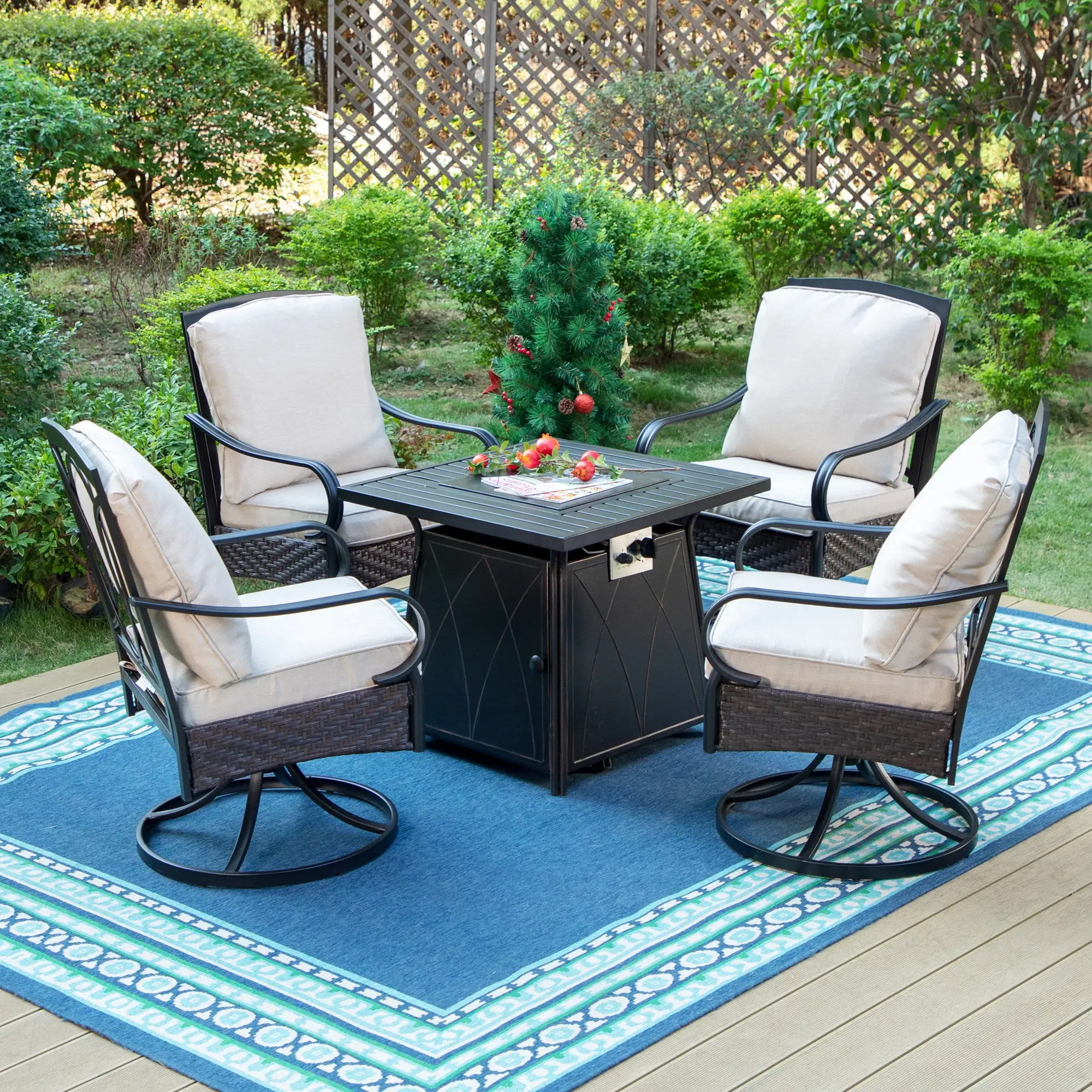 MF Studio 5-Piece Patio Conversation Set with 4 Swivel Wicker Cushioned Chairs & Fire Pit Table. 50.000 BTU. Black & Beige