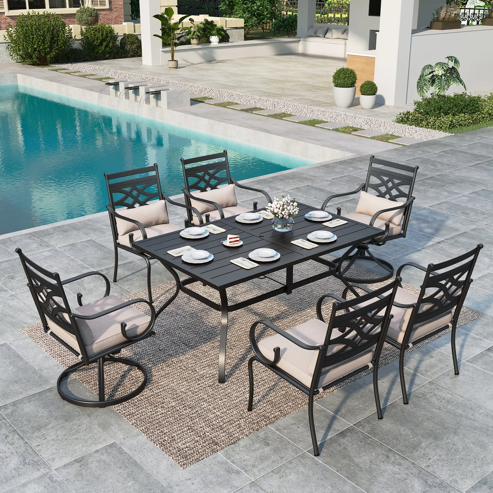 MF Studio 7-Piece Outdoor Patio Dining Set with 4 Pieces Dining Chairs & 2 Pieces Swivel Chairs with Cushions and Headrests & 1-Piece Slat Metal Table