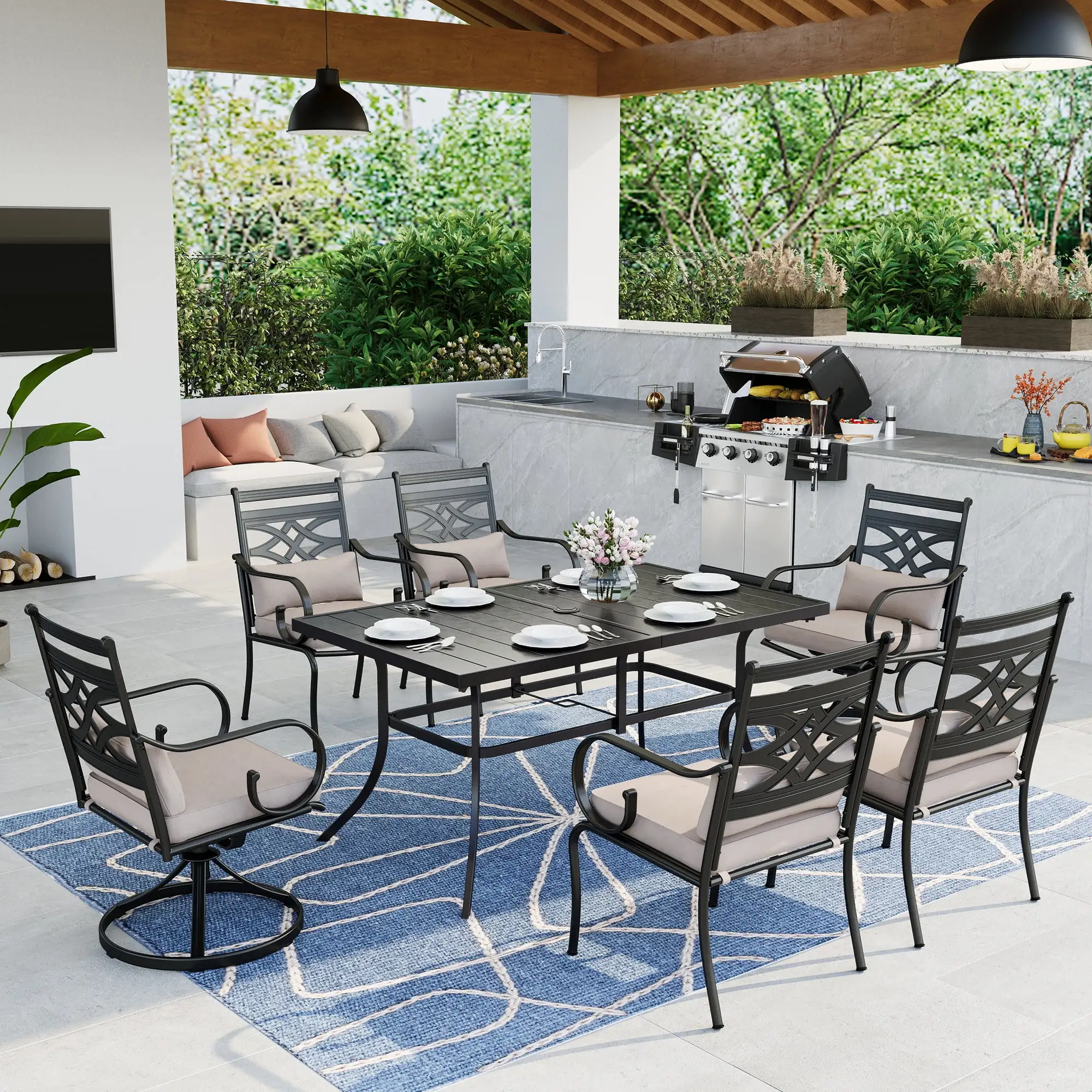 MF Studio 7-Piece Outdoor Patio Dining Set with 4 Pieces Ding Chairs. 2 Pieces Swivel Chairs with Cushions and Headrests & 1 Piece Rectangle Metal Table