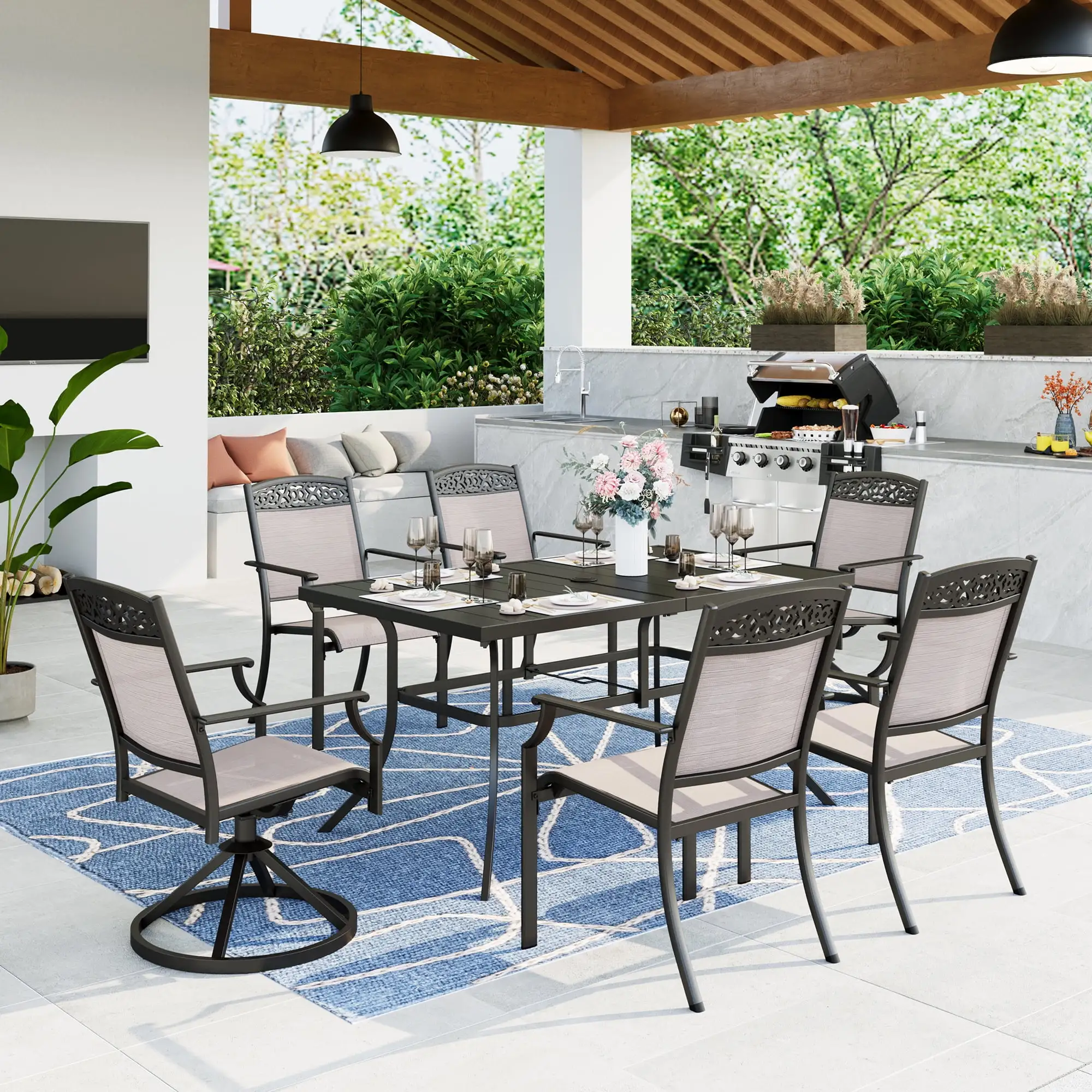 MF Studio 7-Piece Outdoor Patio Dining Set with 6 Aluminum Textilene Armchairs&1 Metal Steel Table.Black&Beige