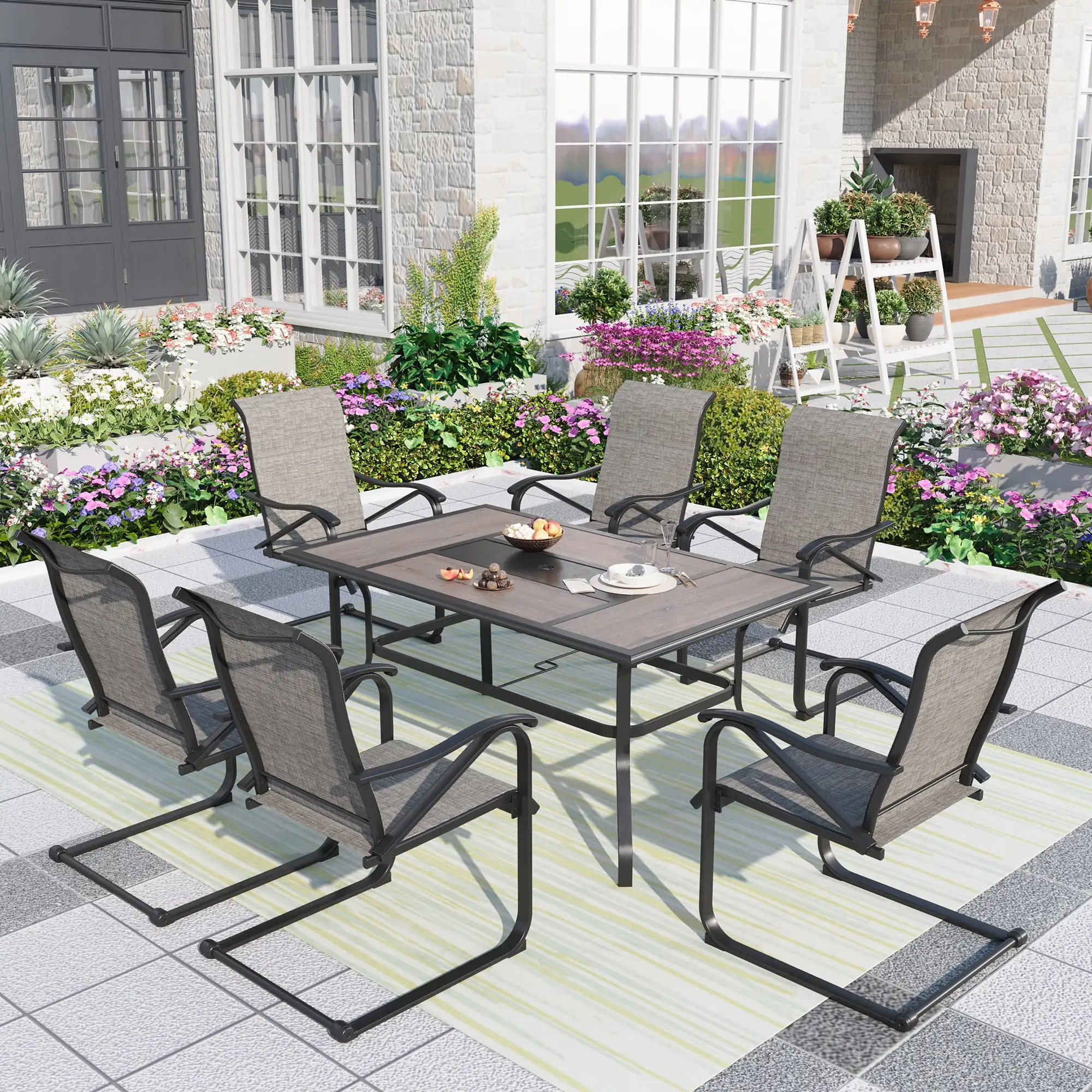 MF Studio 7 Pieces Outdoor Patio Dining Set with 6 Pieces C-Spring Textilene Chairs and Metal Frame Dining Table & PVC Table Top. Gray