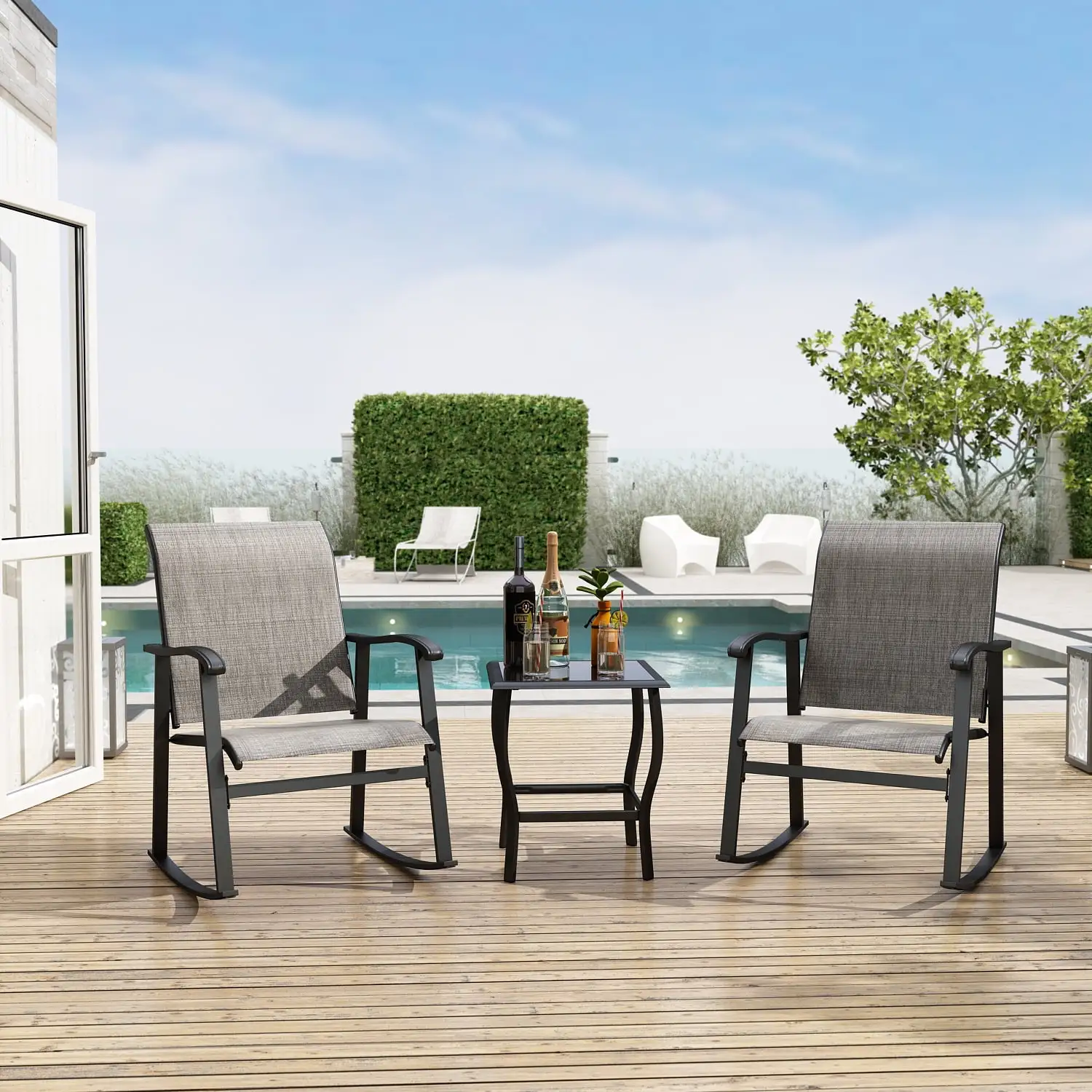 MONSLIPA 3-Piece Outdoor Coffee Table Sets. Patio Conversation Set with Square Metal Table. Gray