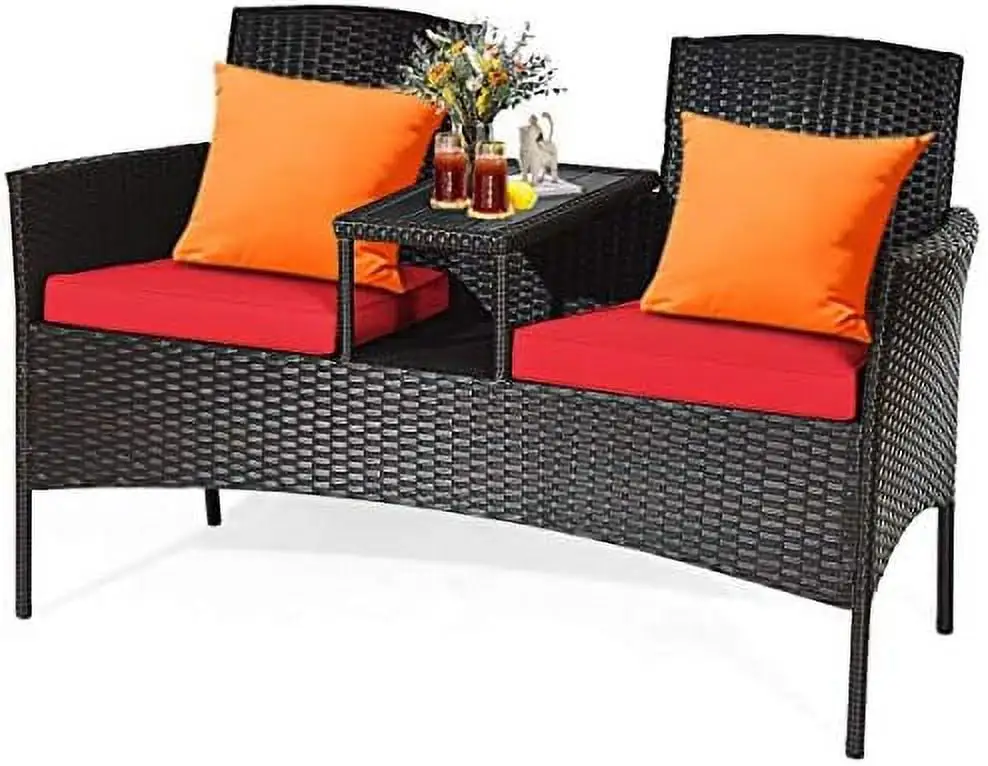 MQLIFEBOOM Outdoor Patio Loveseat Wicker Patio Conversation Set with Removable Cushions and Coffee Table Plastic Table Top Modern Rattan Loveseat Sofa Set for Garden Lawn Backyard (Tur