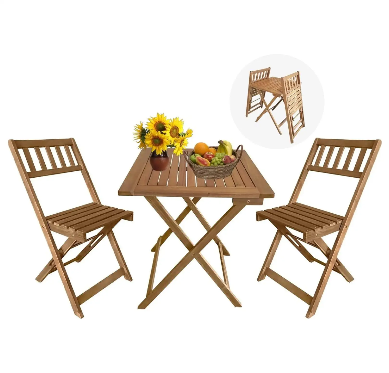 MYXIO Patio Bistro Set 3-Piece Outdoor Patio Furniture Sets Folding Table and Chairs Acacia Wood Bistro Set Balcony Cafe Table Square Patio Table Chair for Front Porch. Garden. Deck. Backyard