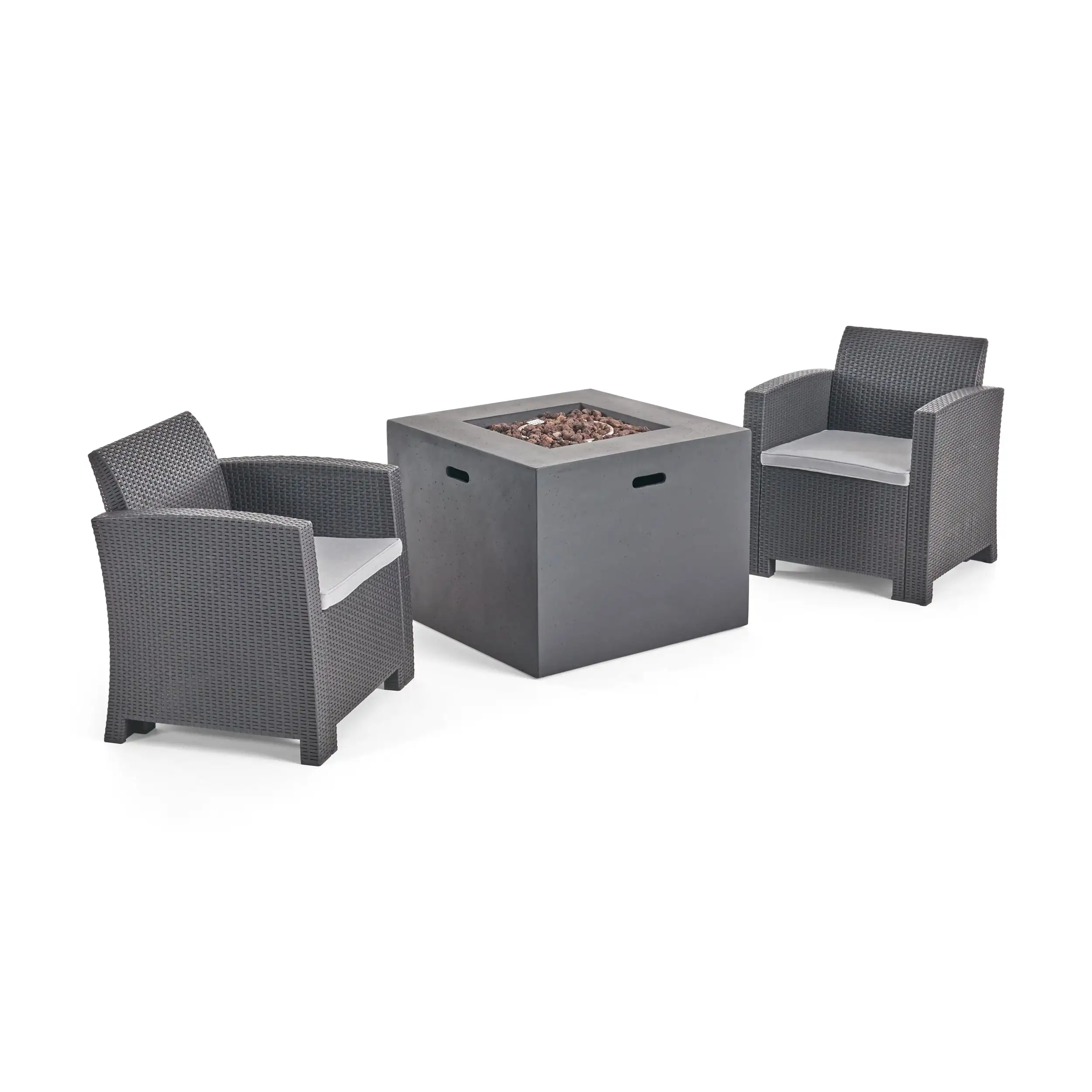 Madden Outdoor 3 Piece Wicker Print Club Chair Chat Set with Propane Fire Pit. Charcoal. Light Gray. Dark Gray