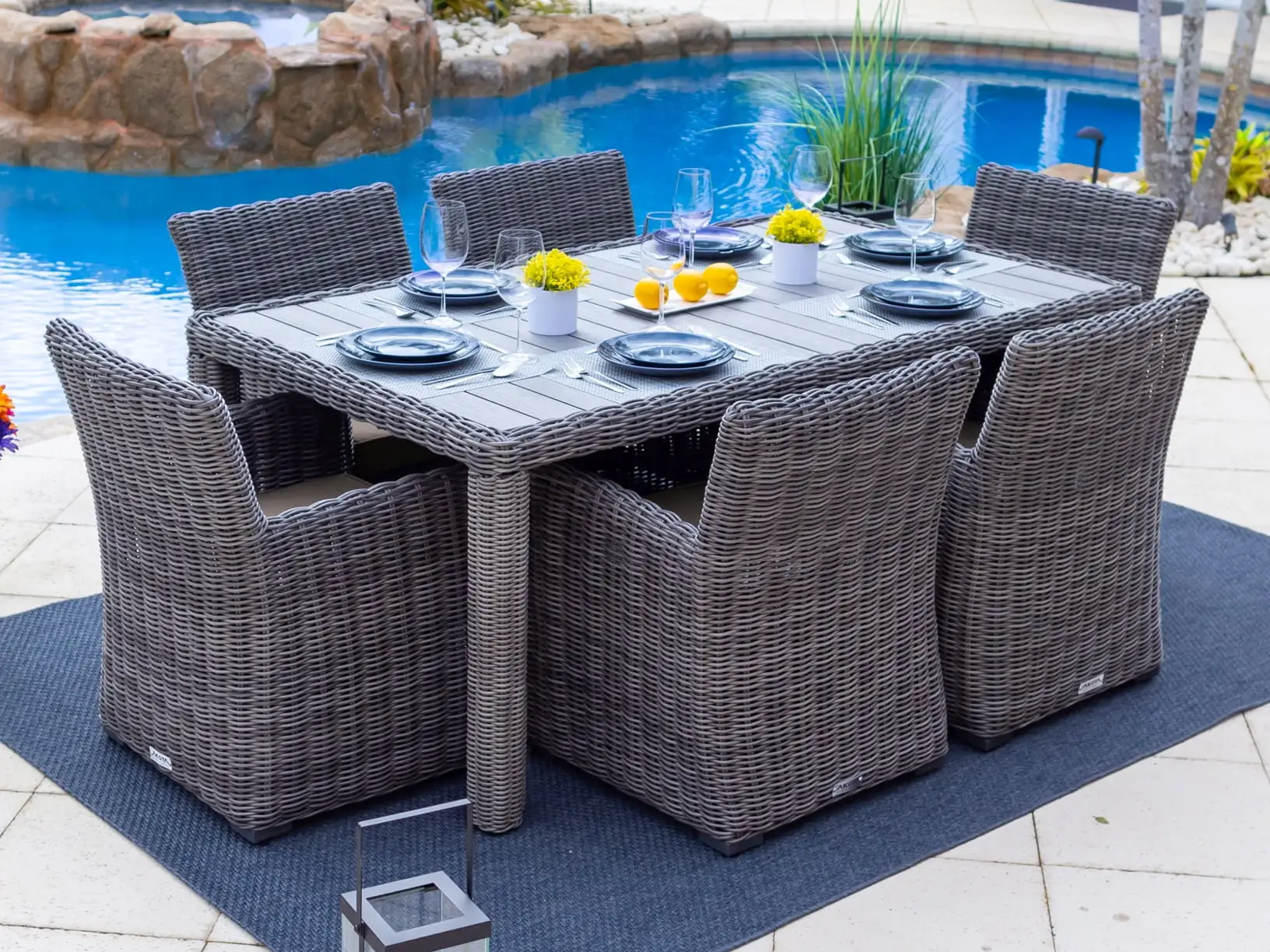 Malmo 7-Piece Resin Wicker Outdoor Patio Furniture Dining Table Set In Gray w/ Dining Table and Six Cushioned Chairs (Full-Round Gray Wicker. Sunbrella Canvas Taupe)