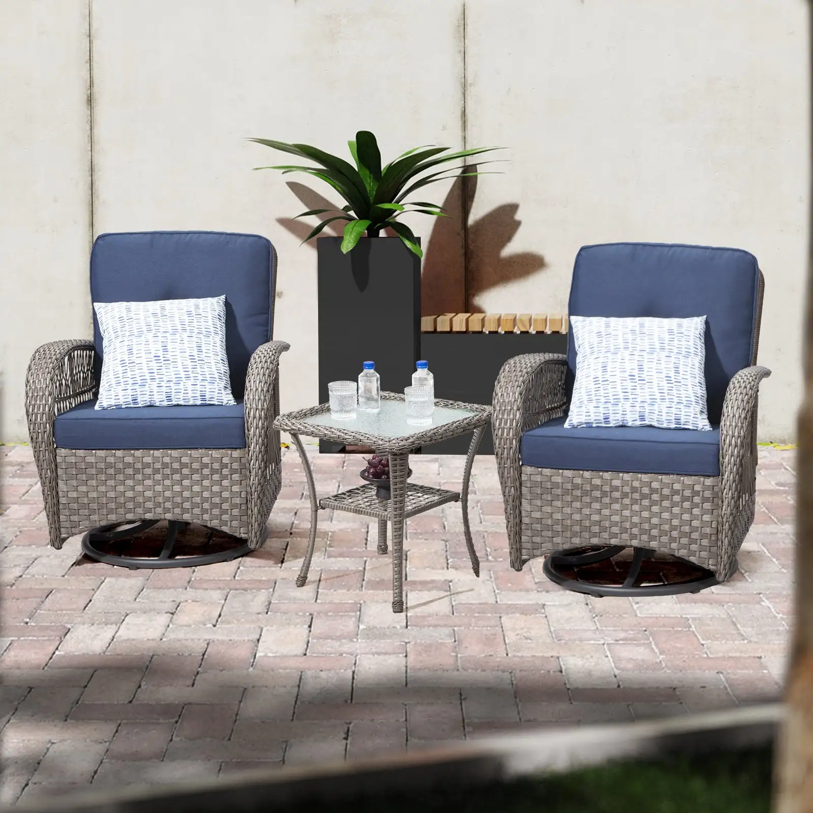 MeetLeisure 3-Piece Wicker Outdoor Rocking Chair Patio Conversation Set. Navy