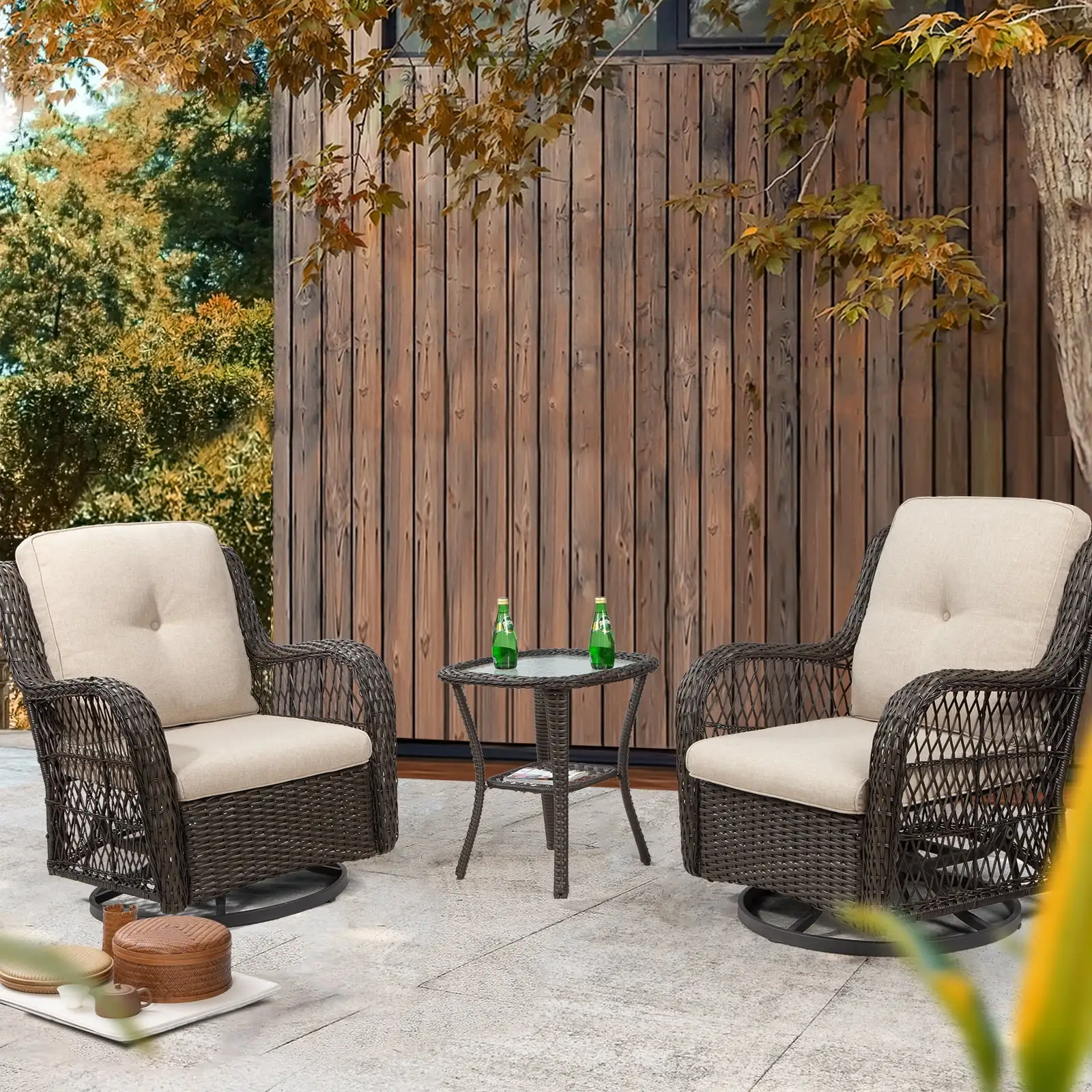 MeetLeisure 3-Piece Wicker Outdoor Rocking Chairs Wicker Patio Conversation Set; Beige