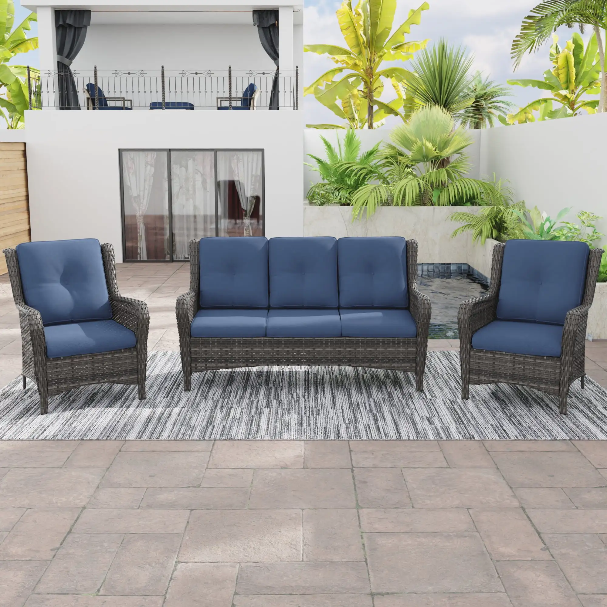 MeetLeisure 3 Pieces Outdoor Furniture Patio Furniture Set with One 3-Seat Sofa. Two ArmChairs. Navy