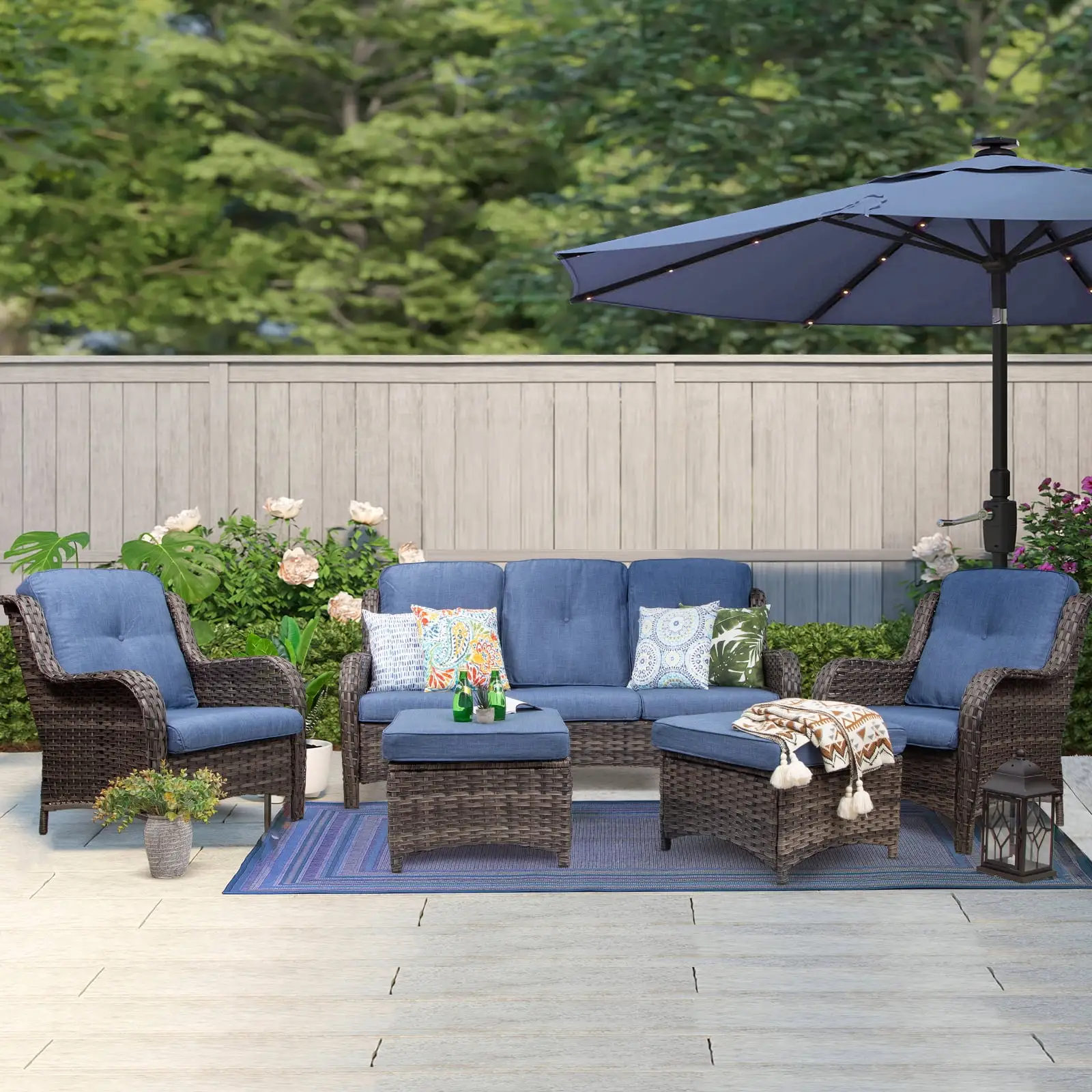 MeetLeisure 5 Pieces Patio Conversation Set. Two Wicker Chairs. One 3-Seat Sofas and Two Ottomans with 3.5-inch Seat Cushions. Navy