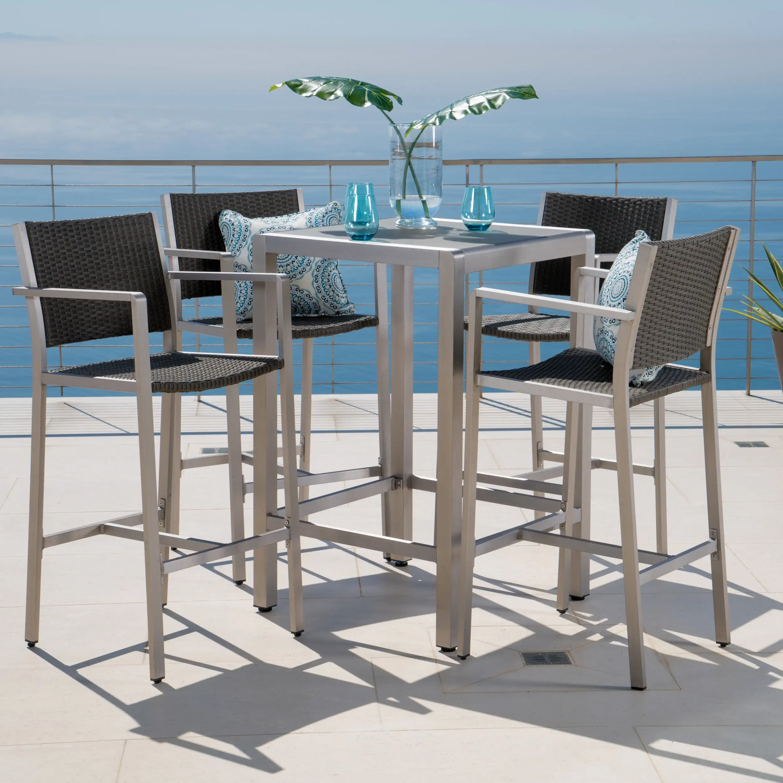 Miller Outdoor 5 Piece Wicker Bar Set with Glass Table Top. Grey