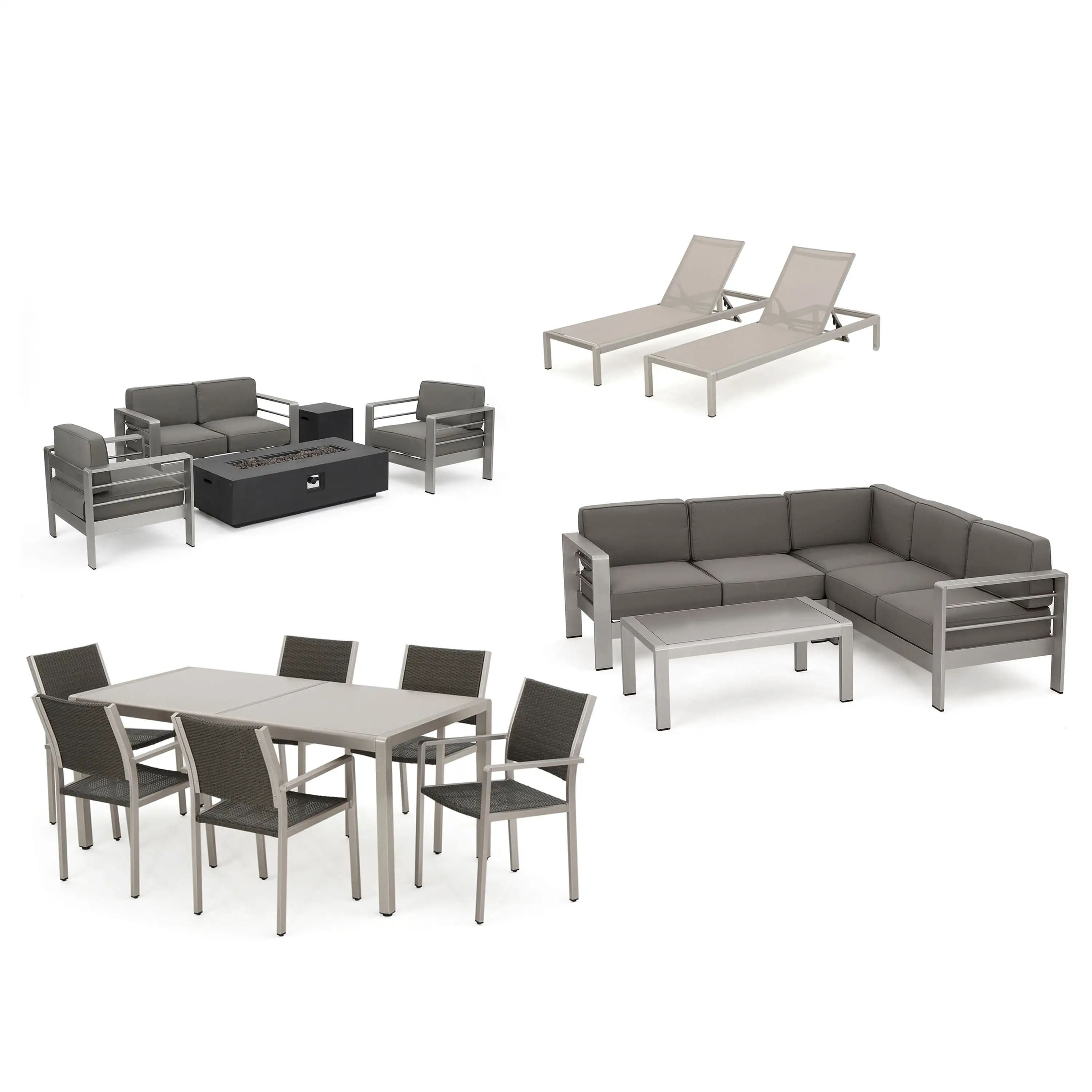 Miller Outdoor Sofa and Chat Sets with a Glass Top Dining Set. Lounges. and a Grey Firepit. Khaki. Silver